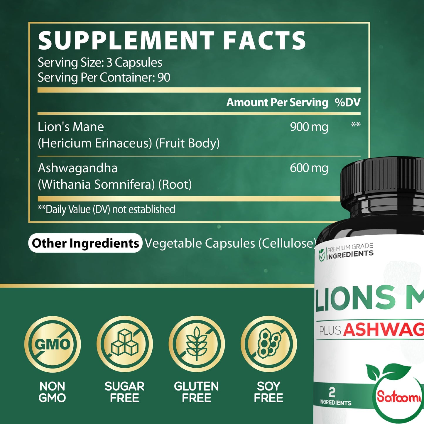 Satoomi Lions Mane Supplement Capsules with Ashwagandha, 90 Capsules