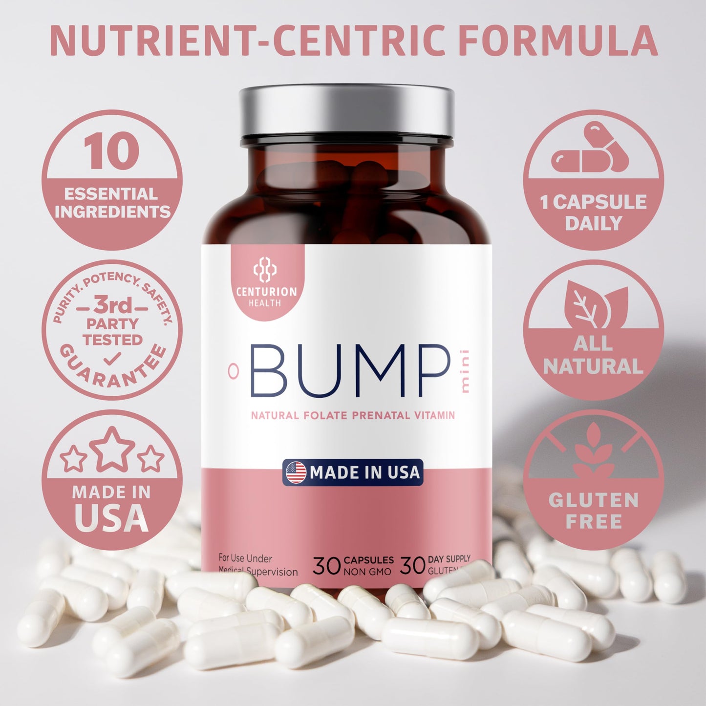 Centurion Health Bump Mini Complete Prenatal Vitamins for Women with Folate, Choline, Carbonyl Iron, Zinc, Vitamin D3 and Vitamin B12 for Fetal Development and Pregnancy Support Capsule 30