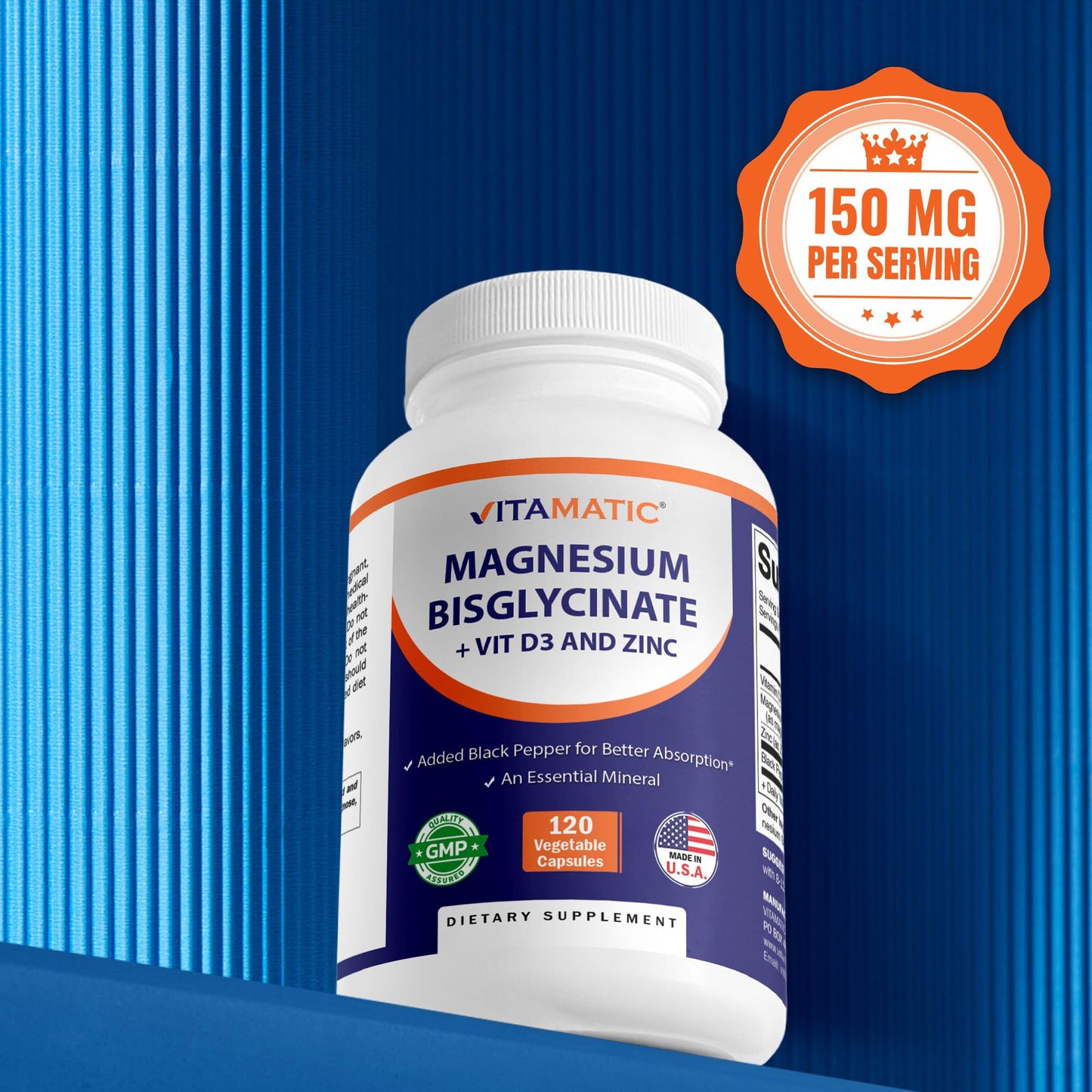 Vitamatic Magnesium (Bisglycinate & Oxide) with Vitamin D3 & Zinc Capsules, 120 Count