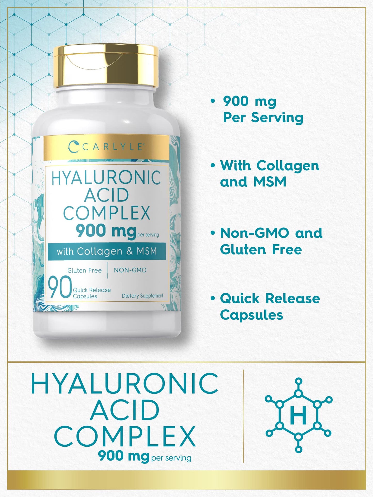 Carlyle Hyaluronic Acid Complex 900 mg with Collagen and MSM Capsules, 90 Count