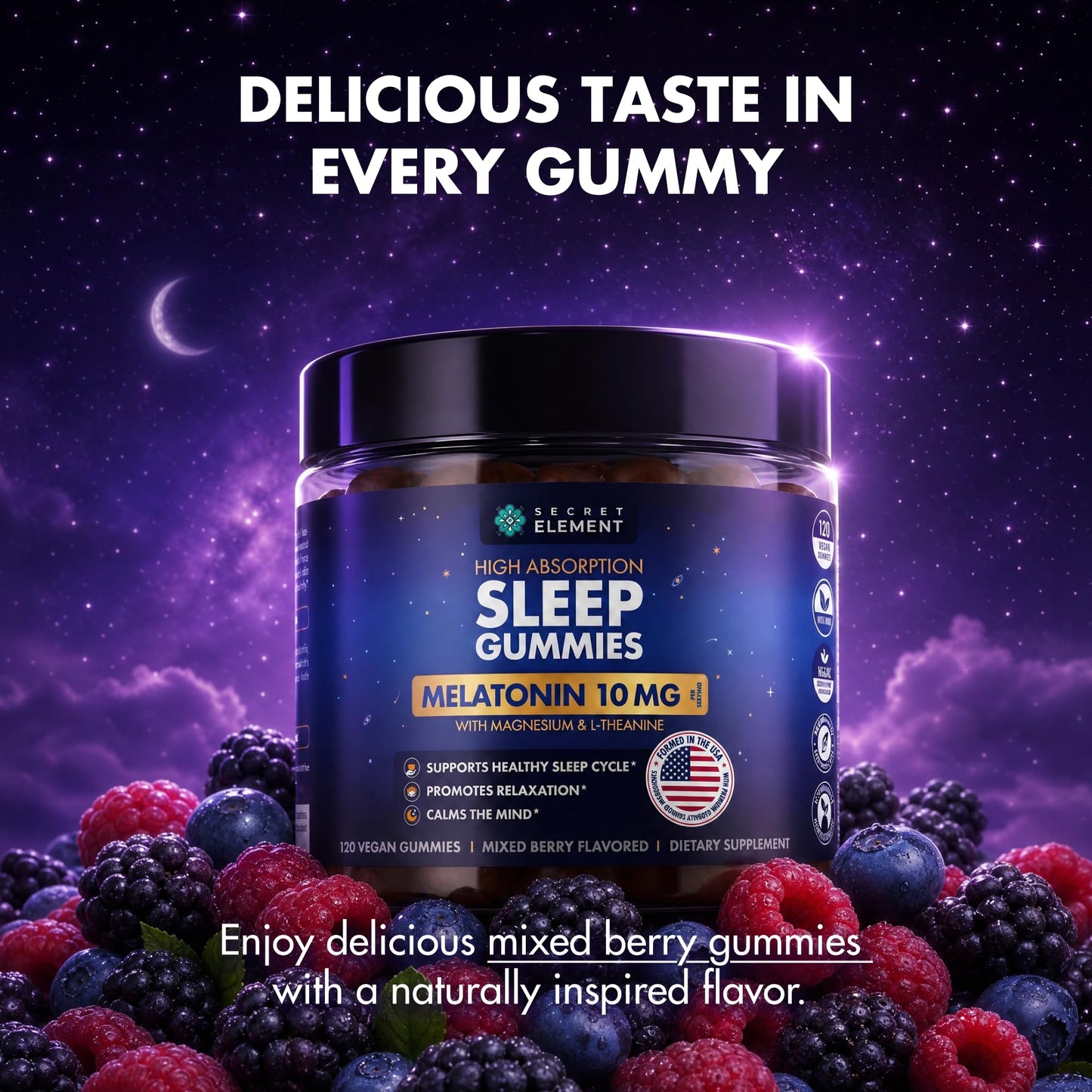 Secret Element Mixed Berry Gummies with Melatonin 10mg, Magnesium & L-Theanine – Vegan, Non-GMO, Sugar Free, 118 Count