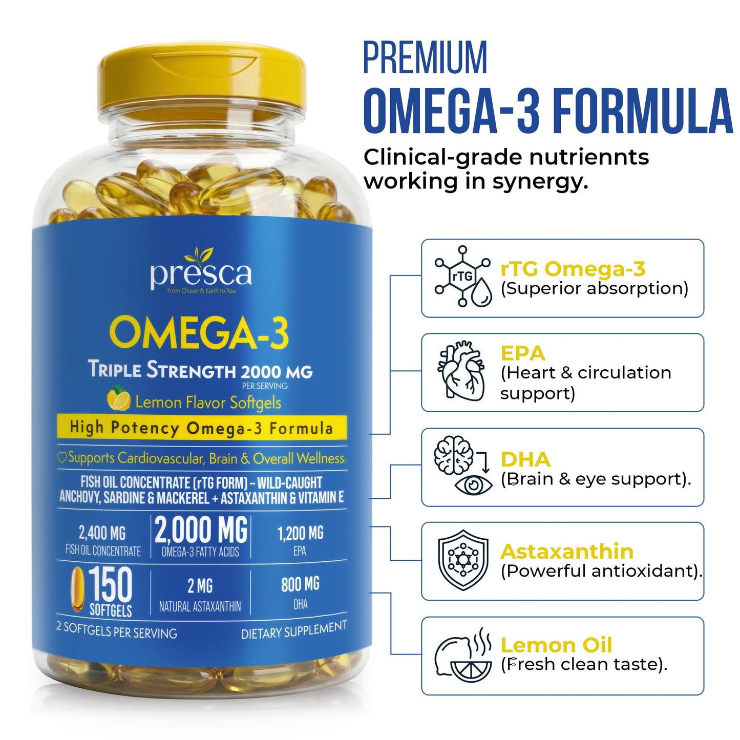 Presca Triple Strength Omega-3 Fish Oil Softgels, 150 Count