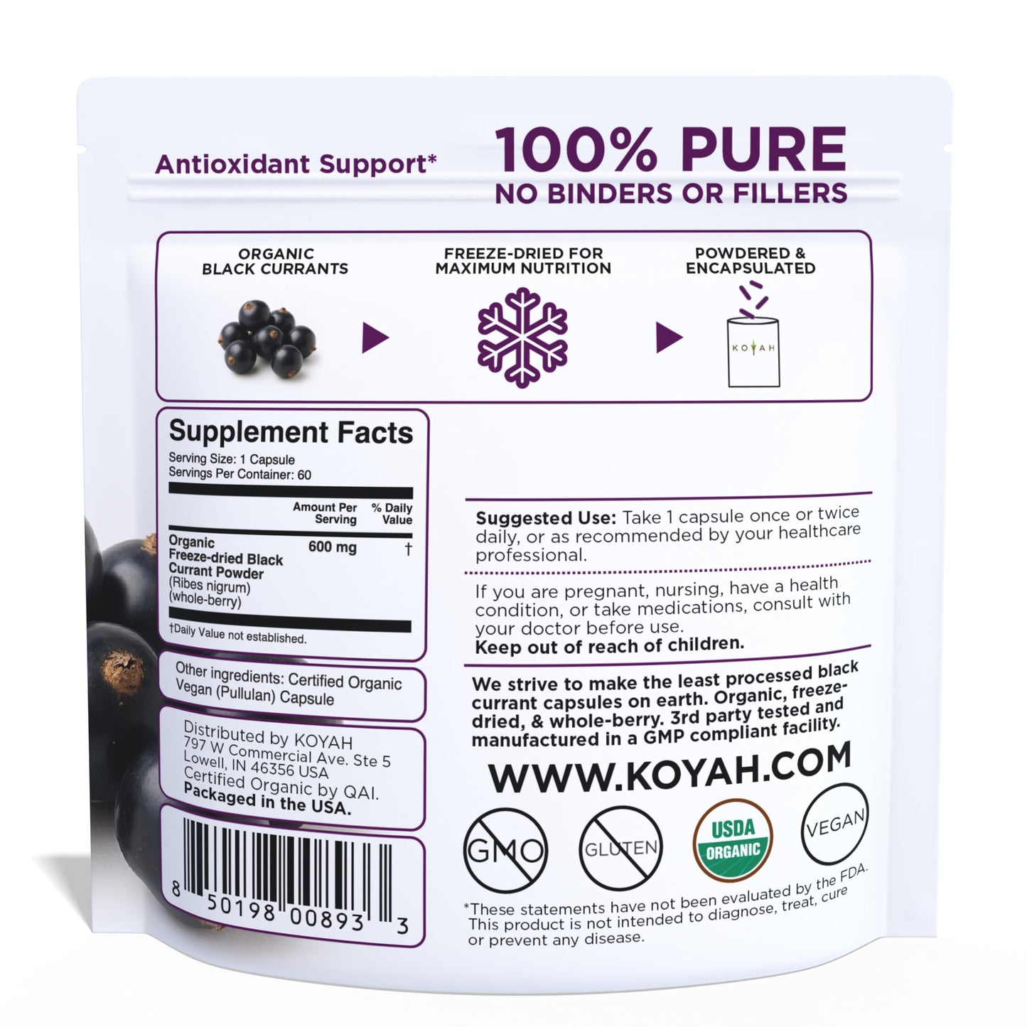 KOYAH Organic Black Currant Capsules, 600 mg per Capsule, 60 Capsules