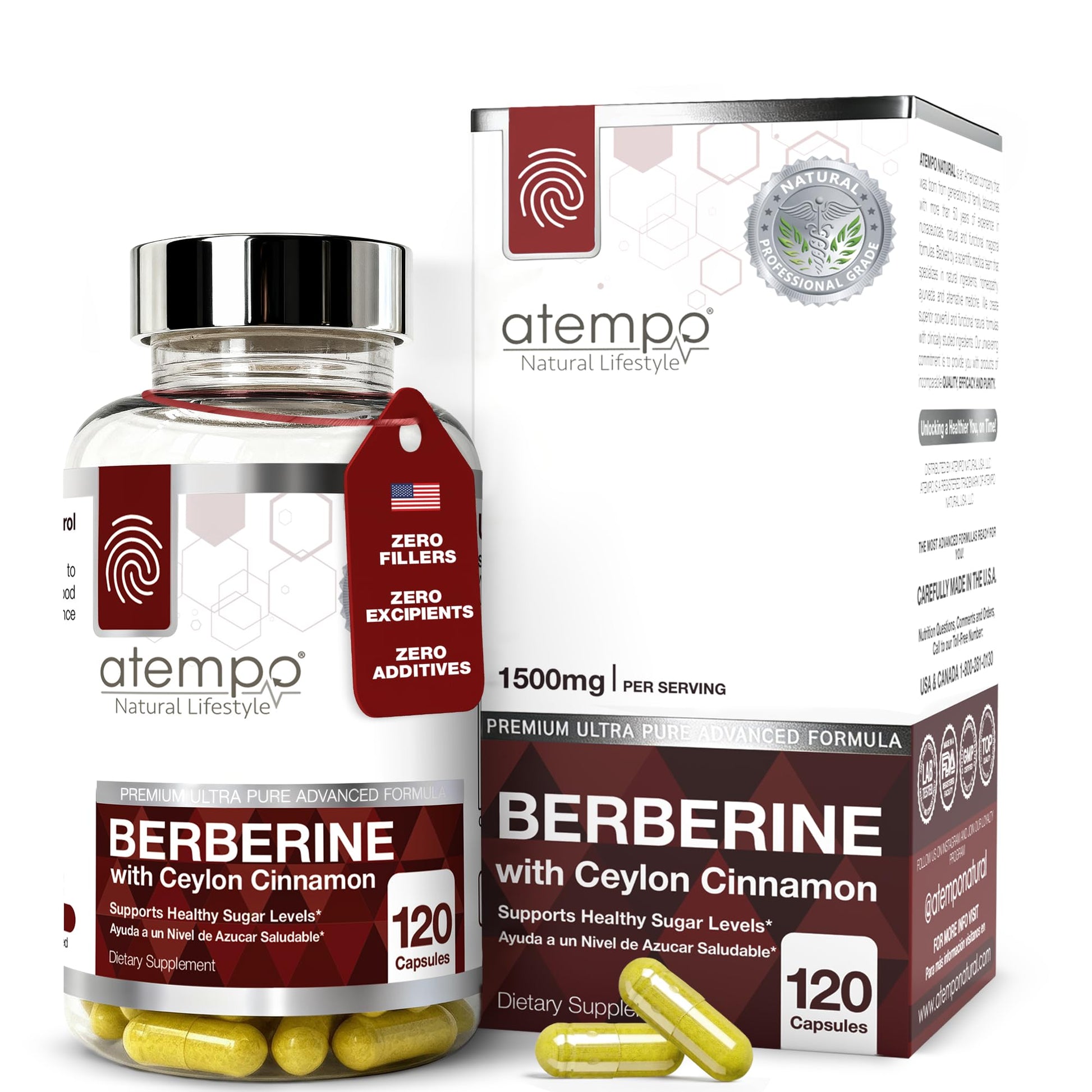 ATEMPO NATURAL LIFESTYLE Berberine Supplement with Ceylon Cinnamon HCL 1500mg, Natural Berberine Extract for Metabolic Support & Overall Wellness, 120 Capsules
