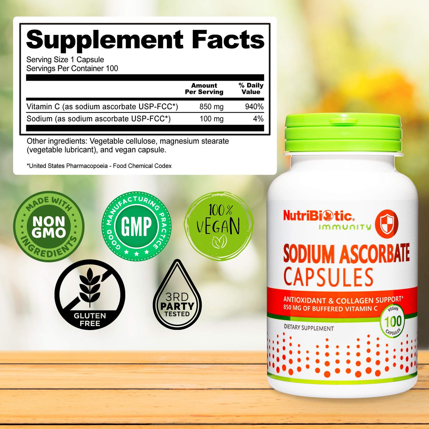 NutriBiotic Sodium Ascorbate Buffered Vitamin C Capsules, 100 Count