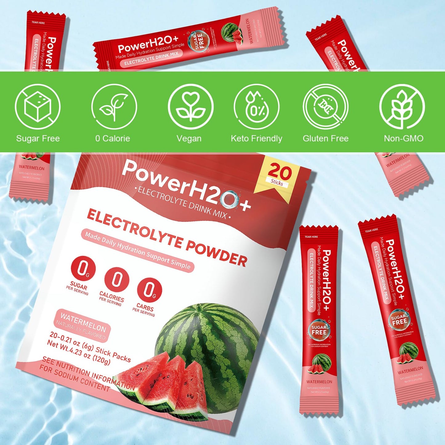 PowerH2O+ Watermelon Electrolytes Powder, 20 Sticks