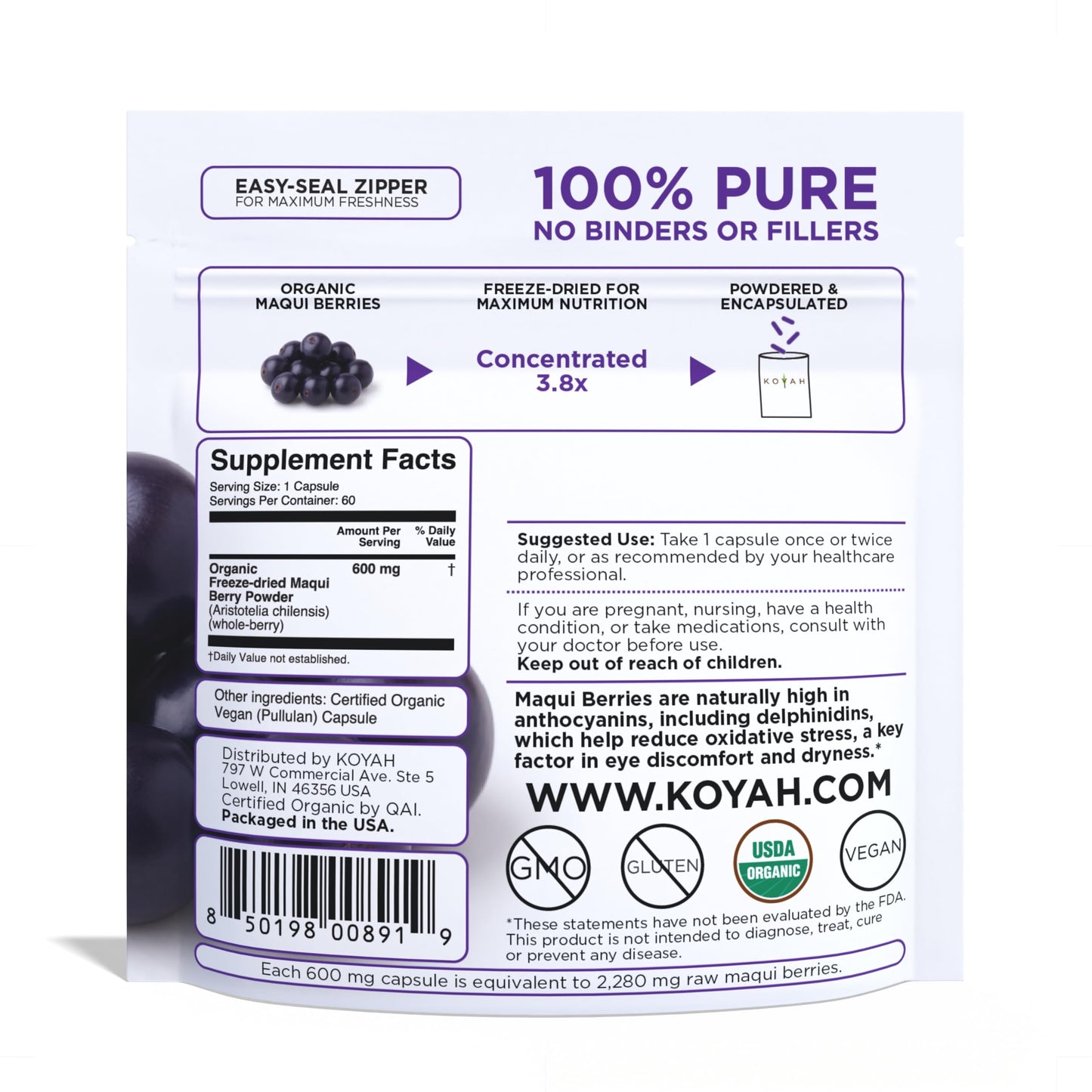 KOYAH Organic Maqui Berry Capsules, 600 mg per Capsule, 60 Capsules