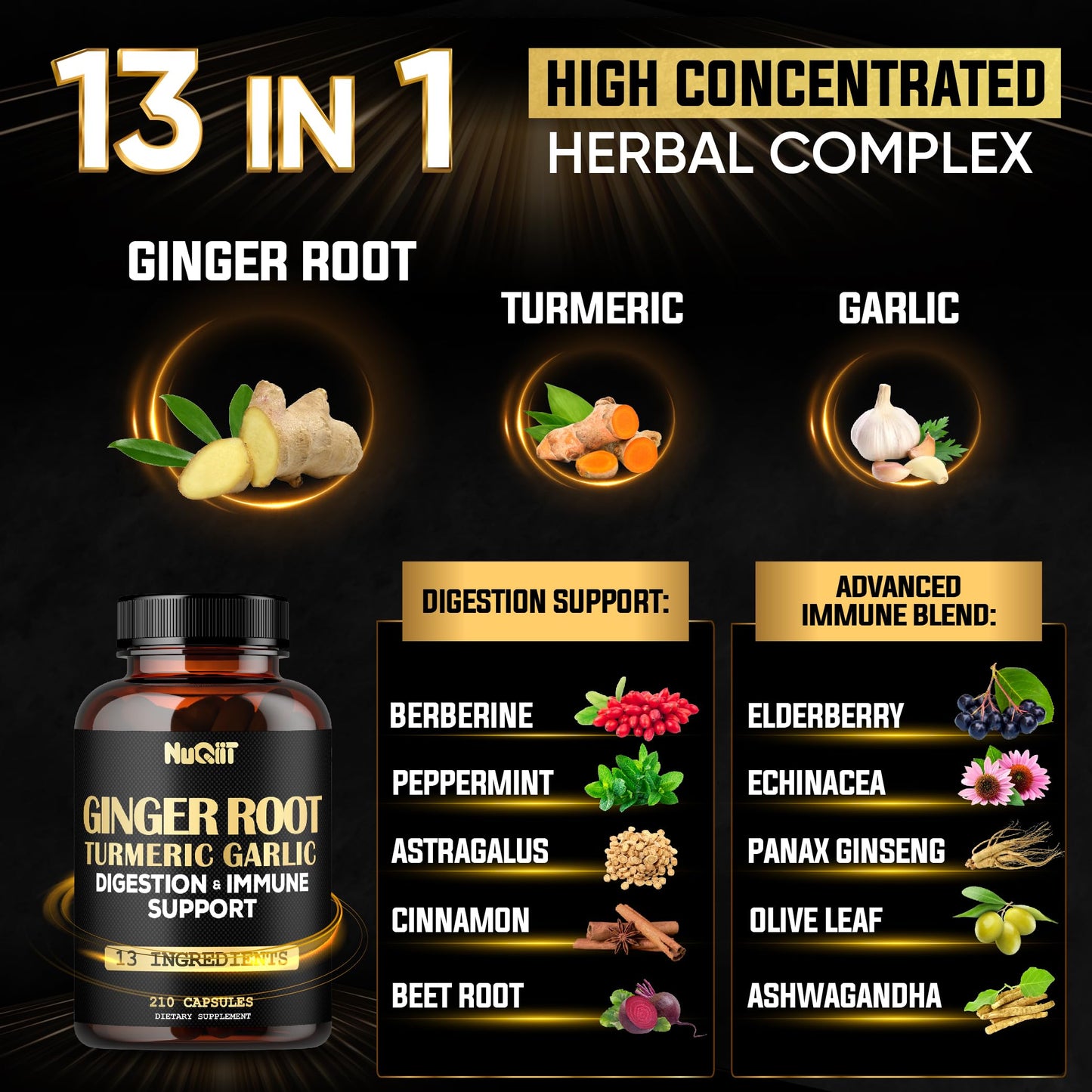 NUQIIT Ginger Supplements Capsules with Turmeric Curcumin, Garlic Bulb, Berberine HCl, Echinacea, 210 Capsules