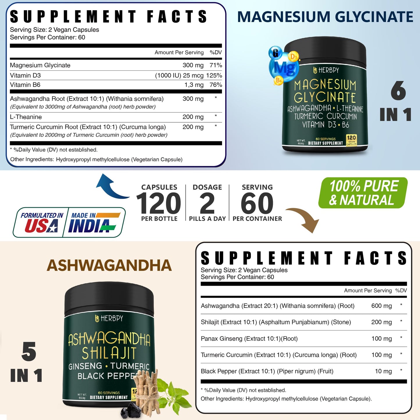 Herbpy Magnesium Glycinate Supplement & Ashwagandha Capsules Bundle, 240 Capsules