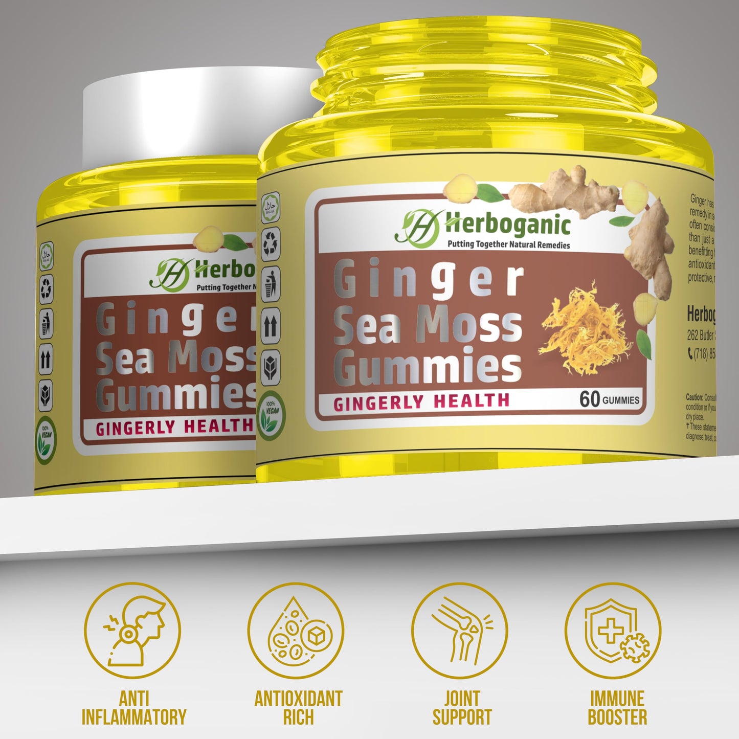 HERBOGANIC Ginger Sea Moss Gummies 60 Count