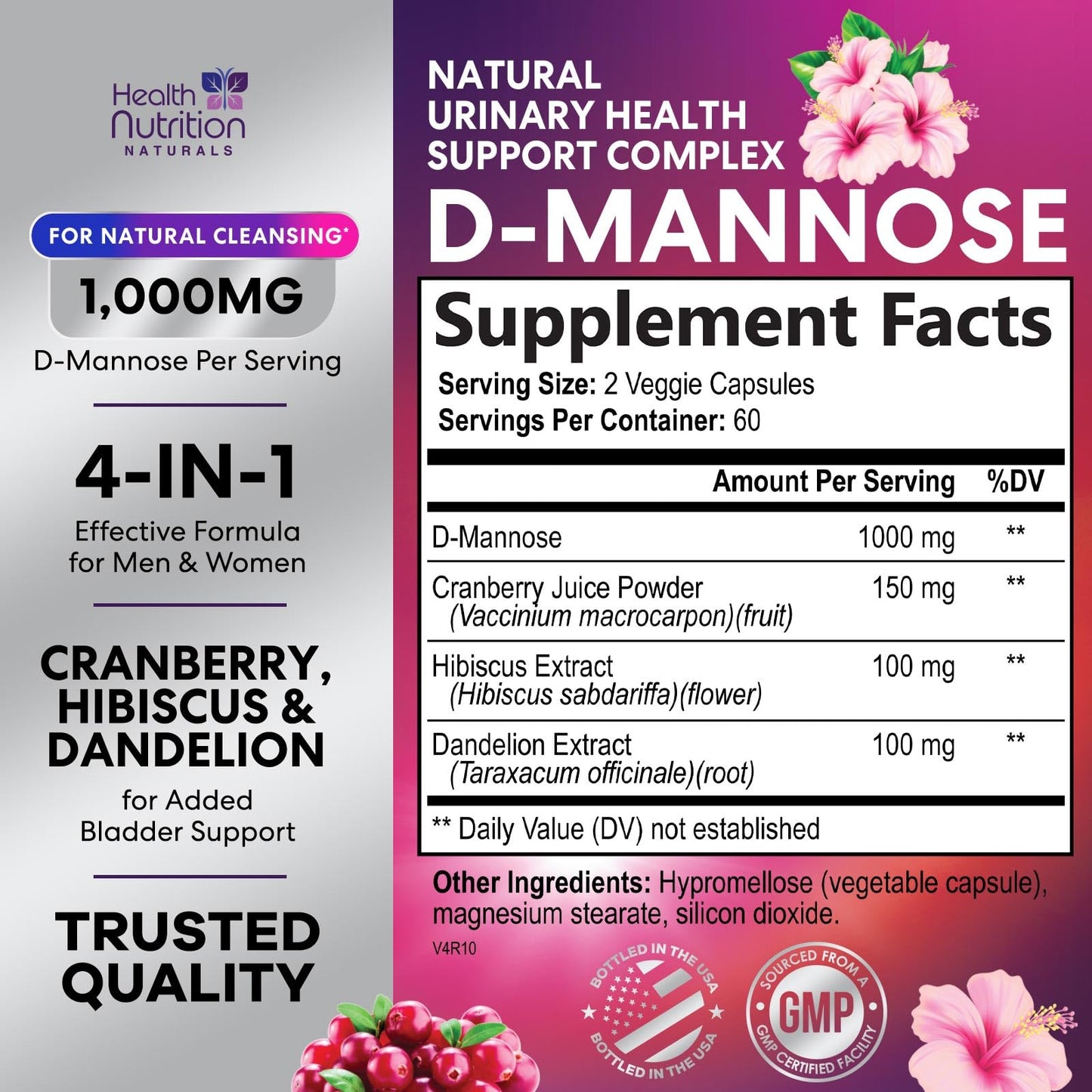 Health Nutrition Naturals D-Mannose Capsule 1000mg with Cranberry, Hibiscus & Dandelion – Urinary & Bladder Support, 120 Capsules