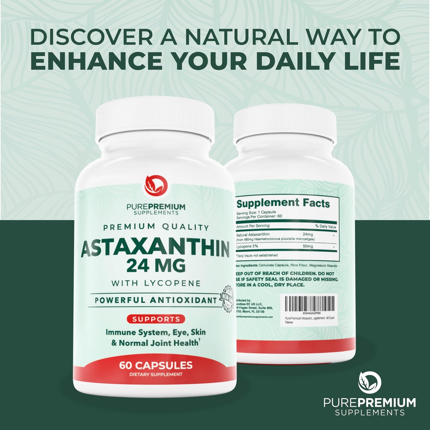 PurePremium Supplements Astaxanthin 24mg with Lycopene 50mg Softgel 60 Count