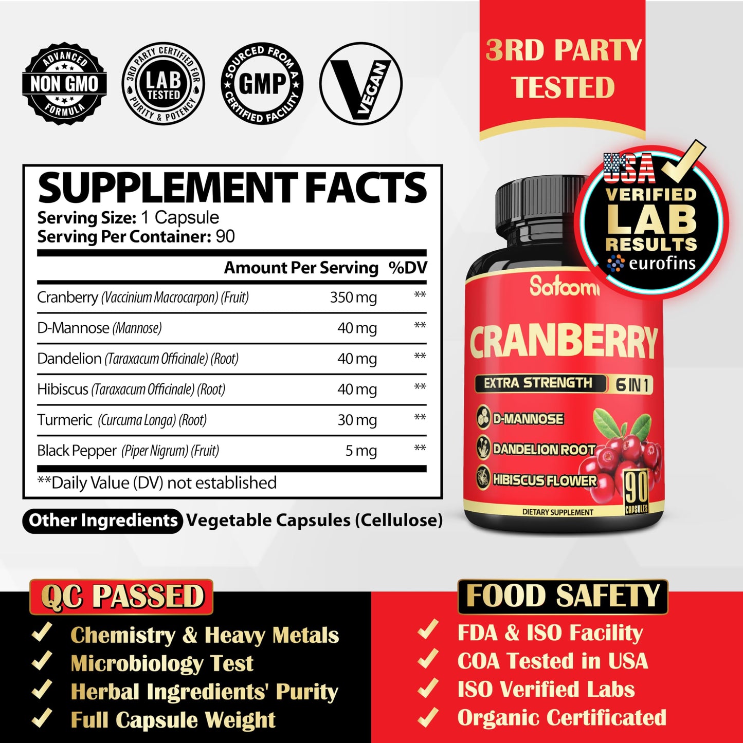 Satoomi 6in1 Cranberry Pills for Women Veggie Capsules - 90 Count
