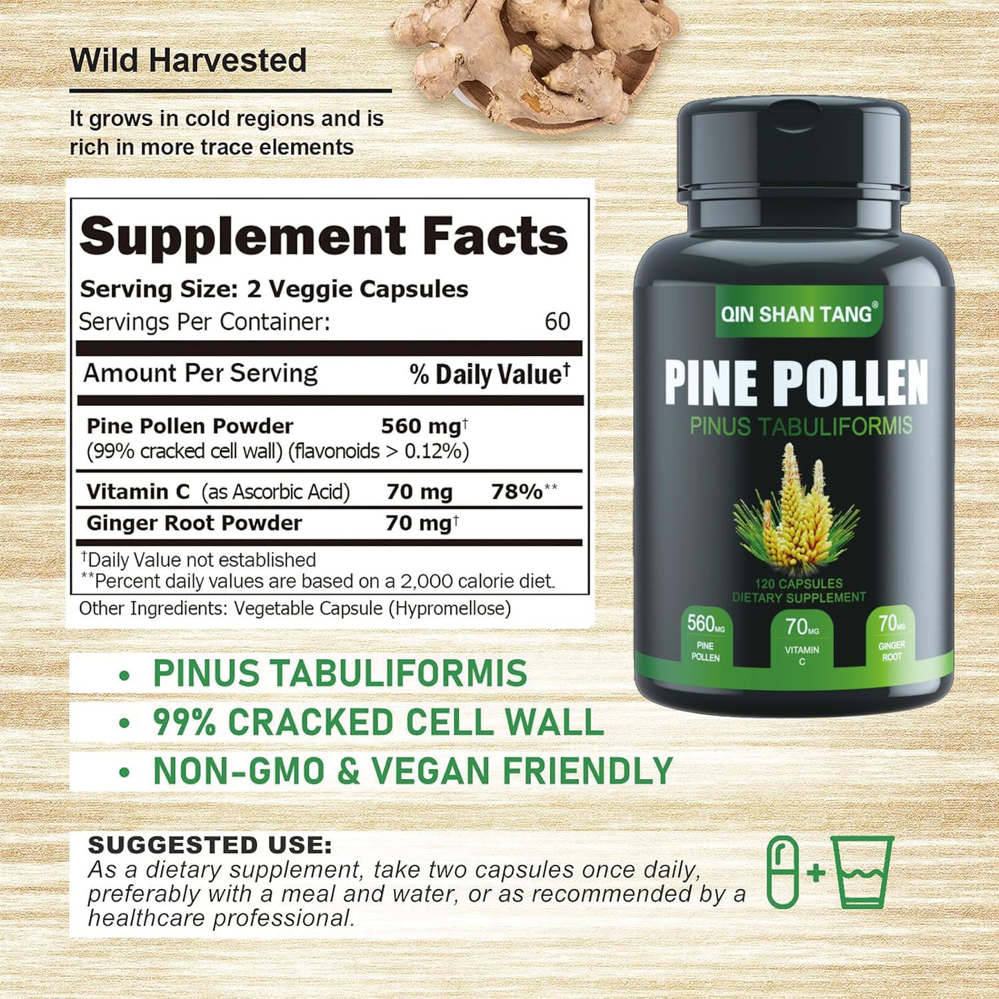 QIN SHAN TANG Pine Pollen Supplement with Ginger Root and Vitamin C, 99% Cracked Cell Wall, Capsules, 120