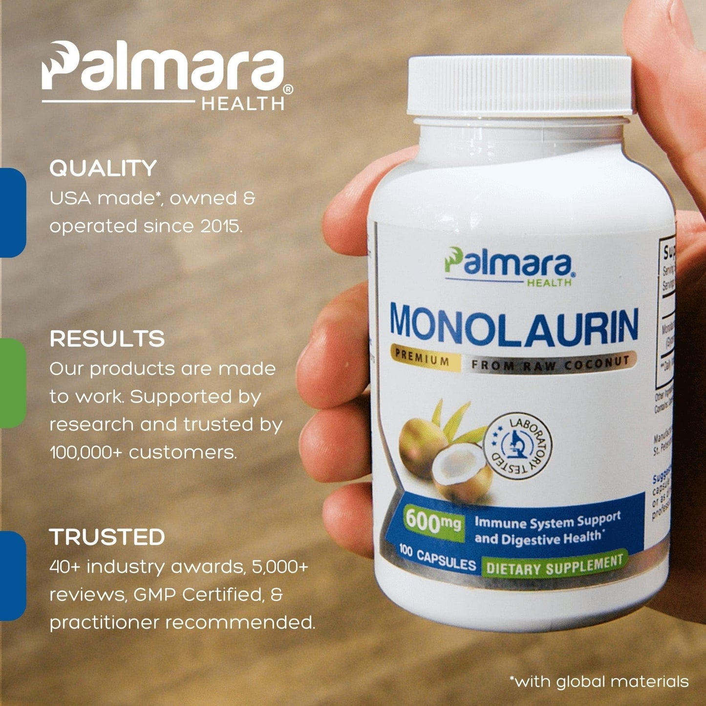 Palmara Health Premium Monolaurin 1200mg Capsules, 100 Count
