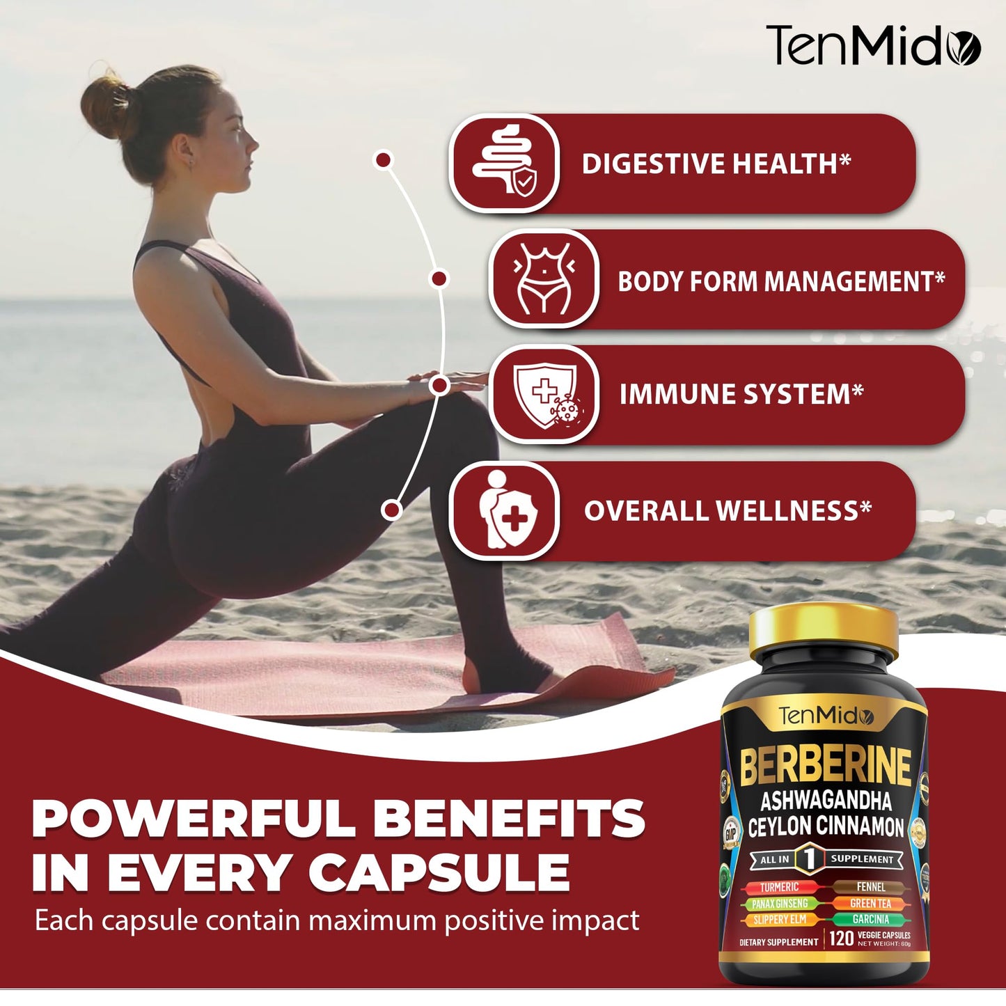 Tenmido Berberine Supplement Capsule, 120 Count