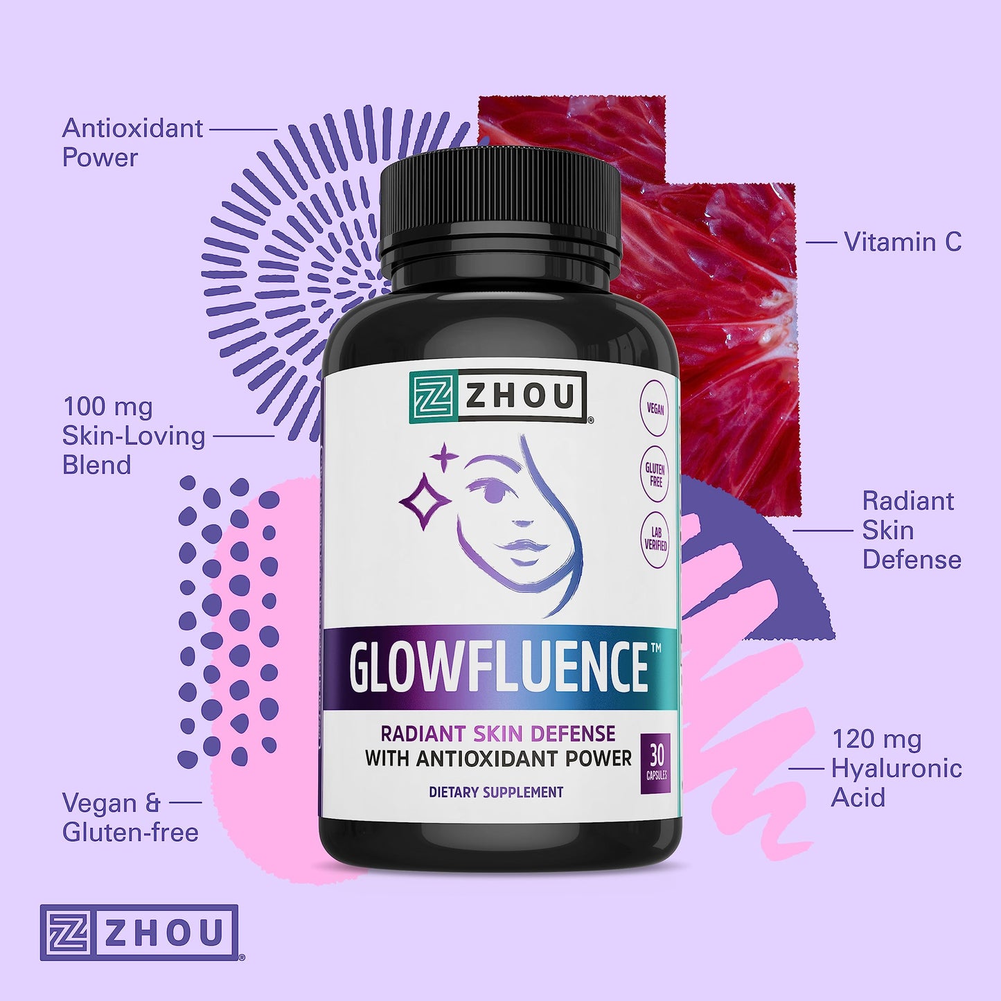 ZHOU Glowfluence Hyaluronic Acid Supplement with Vitamin C and Antioxidants Capsules 30 Count