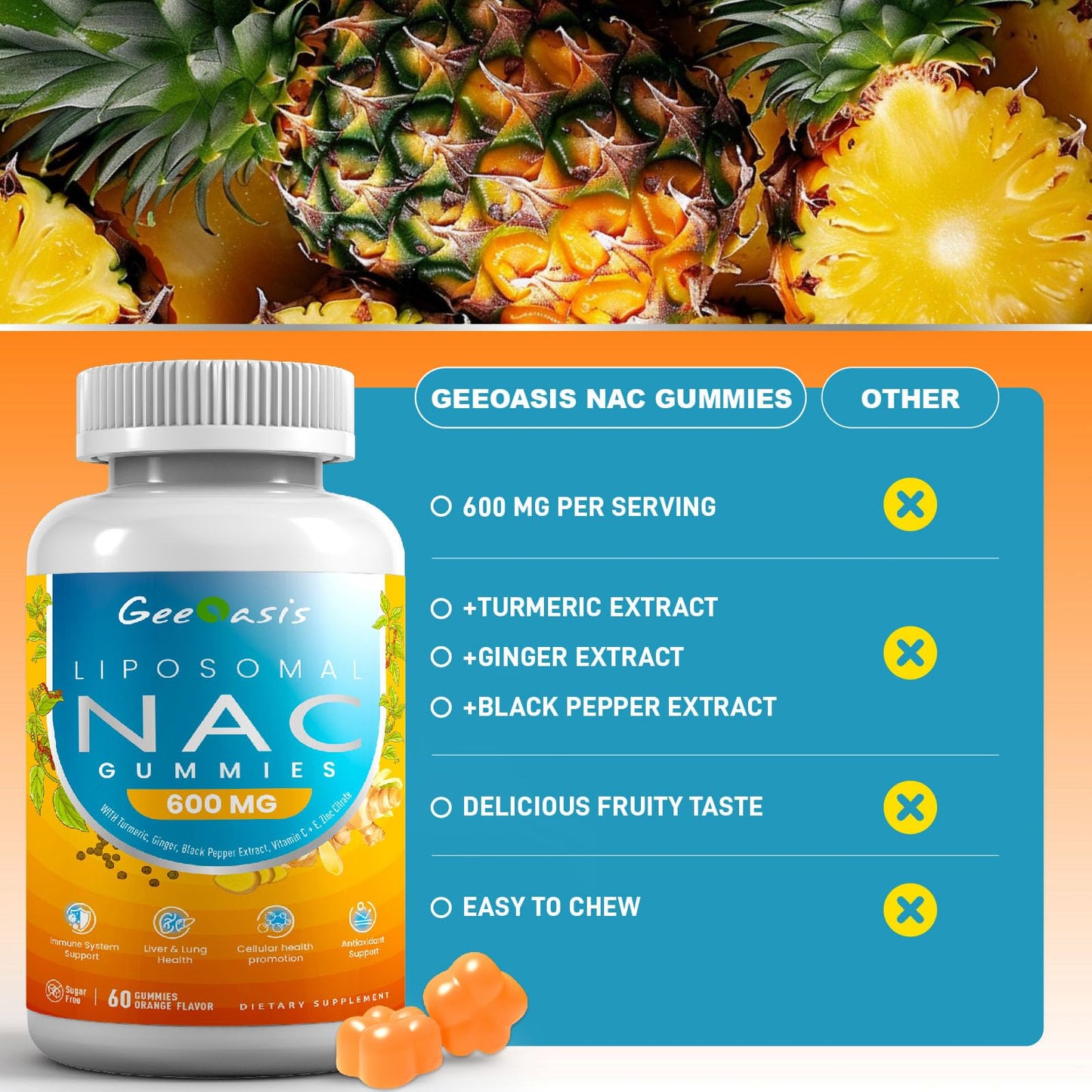 Geeoasis Liposomal NAC Gummies 600mg N-Acetyl Cysteine, Pineapple Flavor, Sugar-Free, Immune & Liver & Lung Support, with Turmeric, Ginger & Black Pepper, 60 Gummies