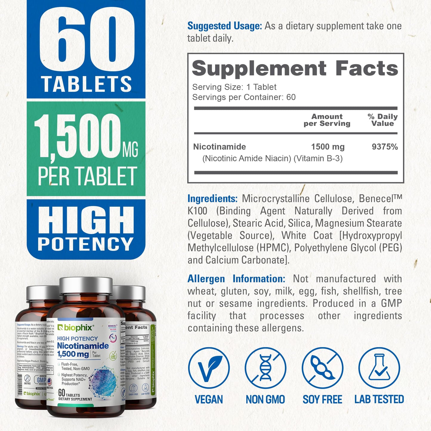 Biophix B-3 Nicotinamide 1500 mg Capsule, 60 Capsules