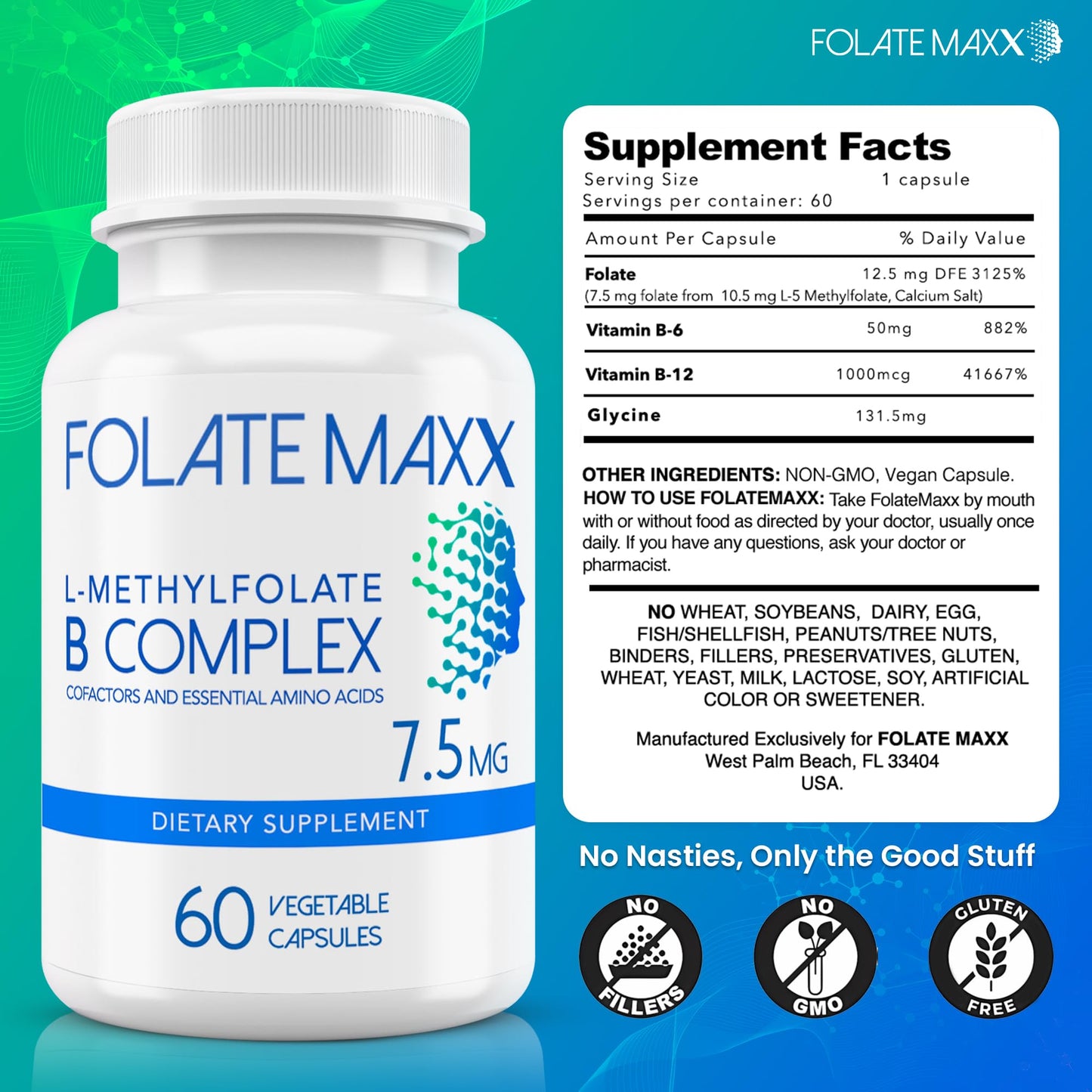 FOLATE MAXX L Methylfolate 7.5mg with Active Vitamin B Complex Capsules 60 Count