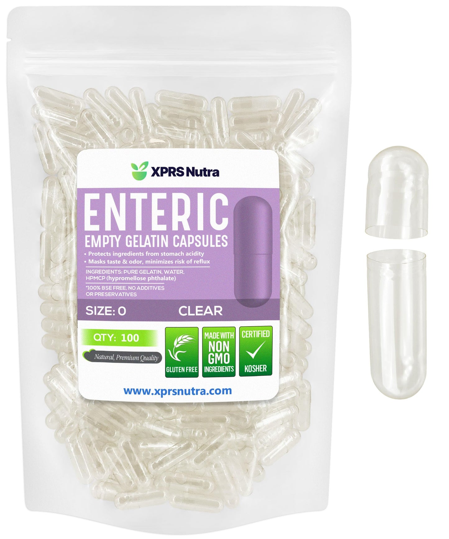XPRS Nutra Size 0 Empty Gelatin Capsules - Enteric Coated, Delayed Release - 100 Count