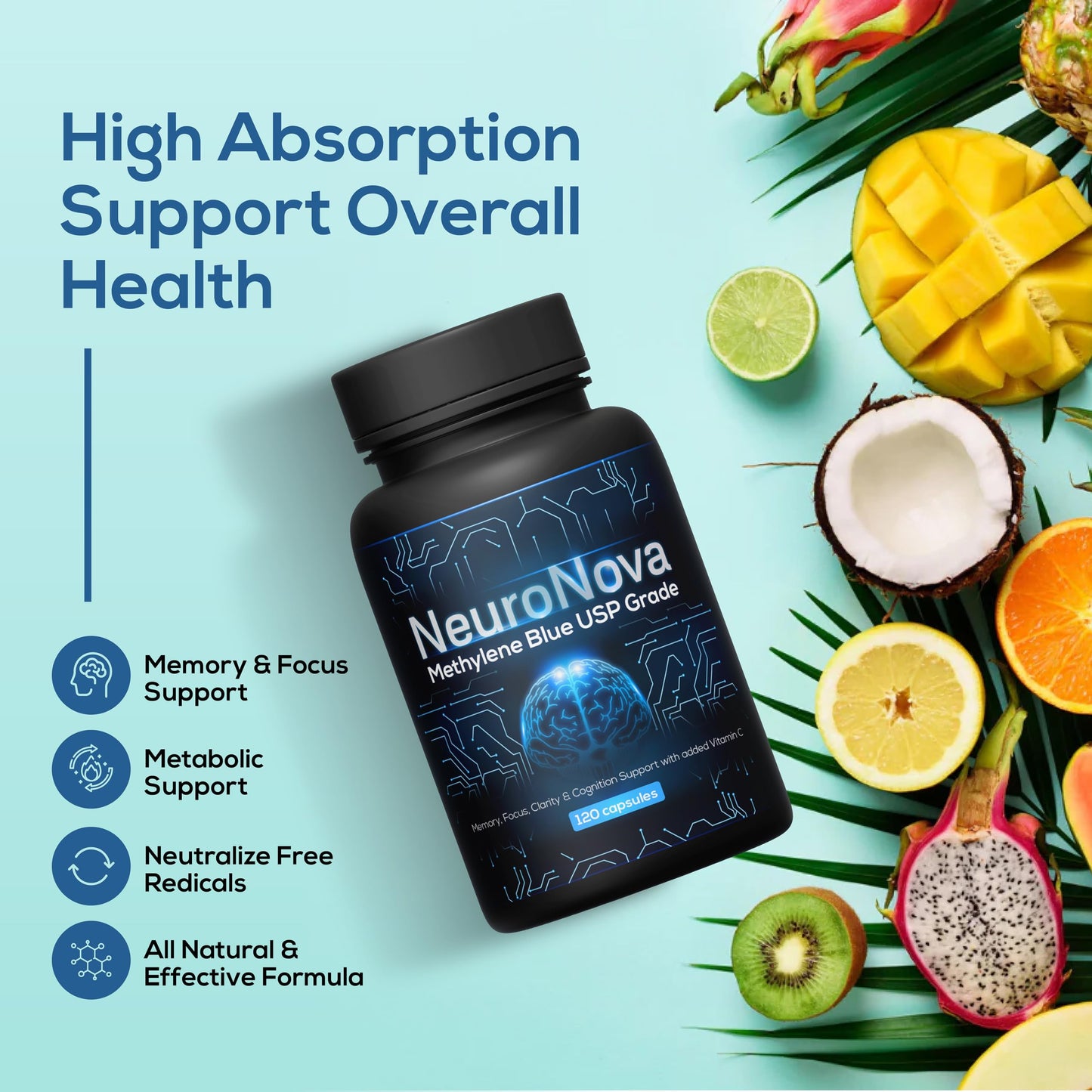 Nutri Nation Methylene Blue Pharmaceutical Grade Supplements with Added Vitamin C Ester for Enhanced Absorption, Capsules, 360