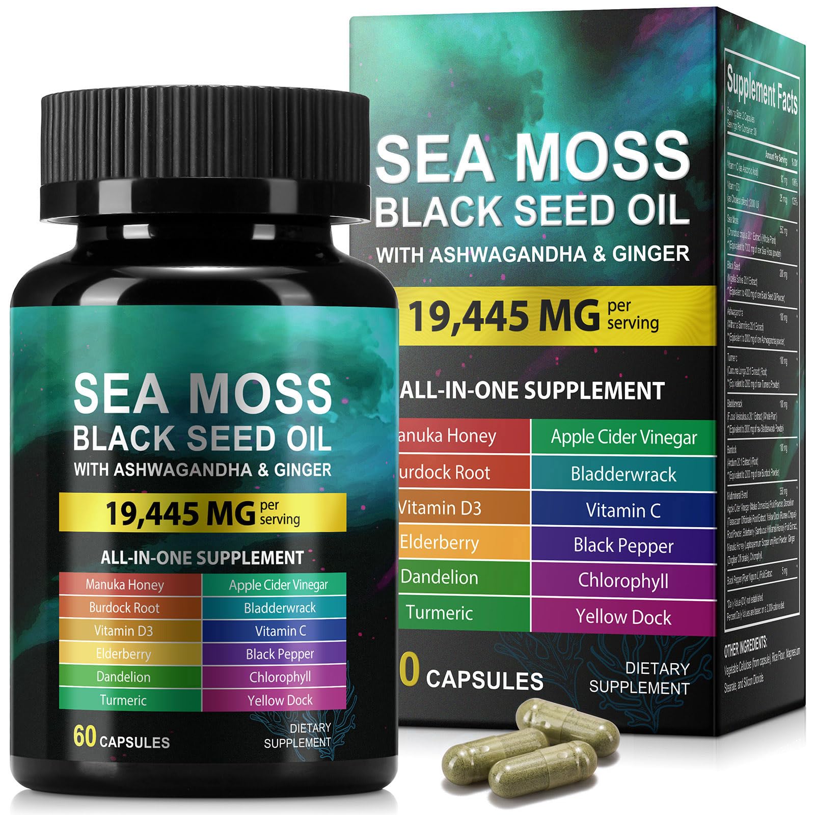 HUYEHF Sea Moss Black Seed Oil Ashwagandha Ginger Capsule Supplement with Turmeric, Burdock Root, Bladderwrack, Vitamin C & D3 Enhanced Immunity & Energy, 60 Capsules