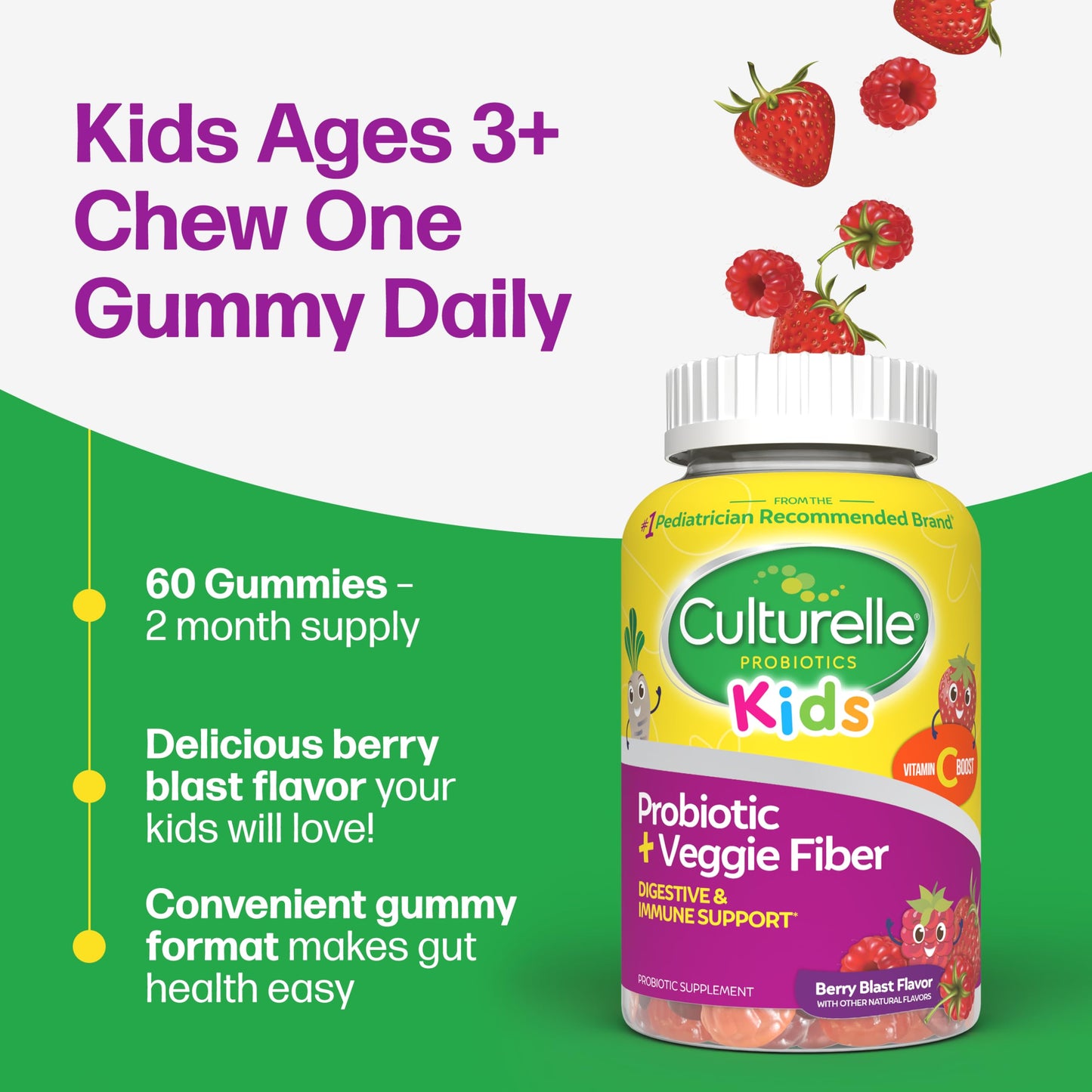 Culturelle Daily Probiotic For Kids + Veggie Fiber Gummies (Ages 3+) - 60 Count - Digestive Health & Immune Support – Berry Flavor with a Vitamin C Boost