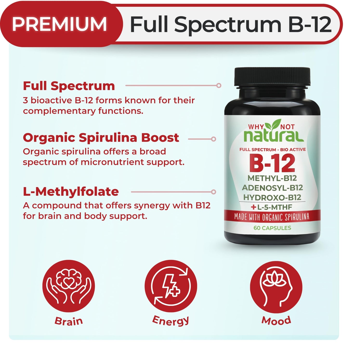 Why Not Natural Vitamin B12 5000 mcg Capsule Supplement with Methylcobalamin, Adenosylcobalamin and Hydroxy B12 Complex with Methylfolate 1000 mcg, L-5-MTHF, Made with Organic Spirulina, 60 Capsules