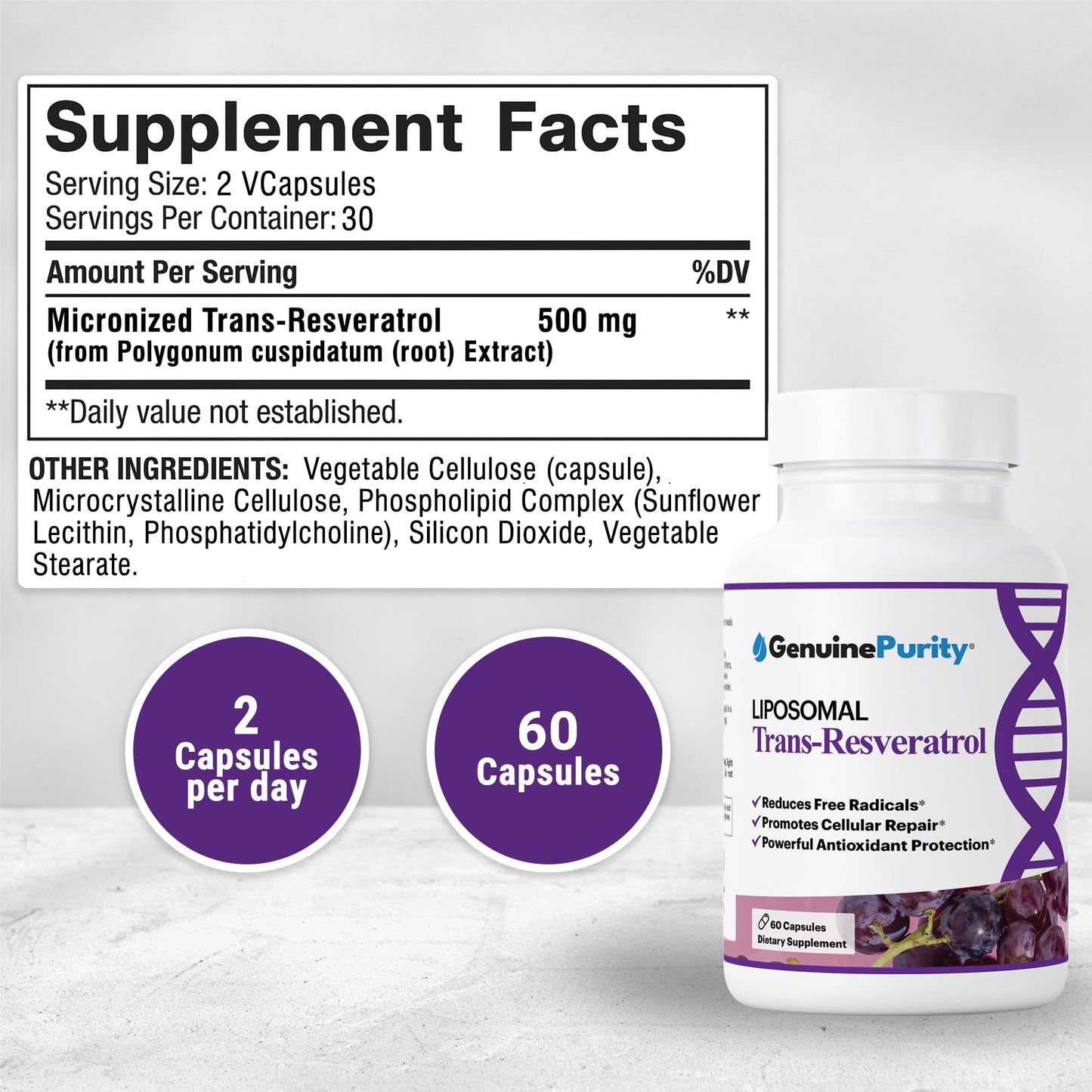 GenuinePurity Liposomal Trans Resveratrol 500mg, 60 Capsules