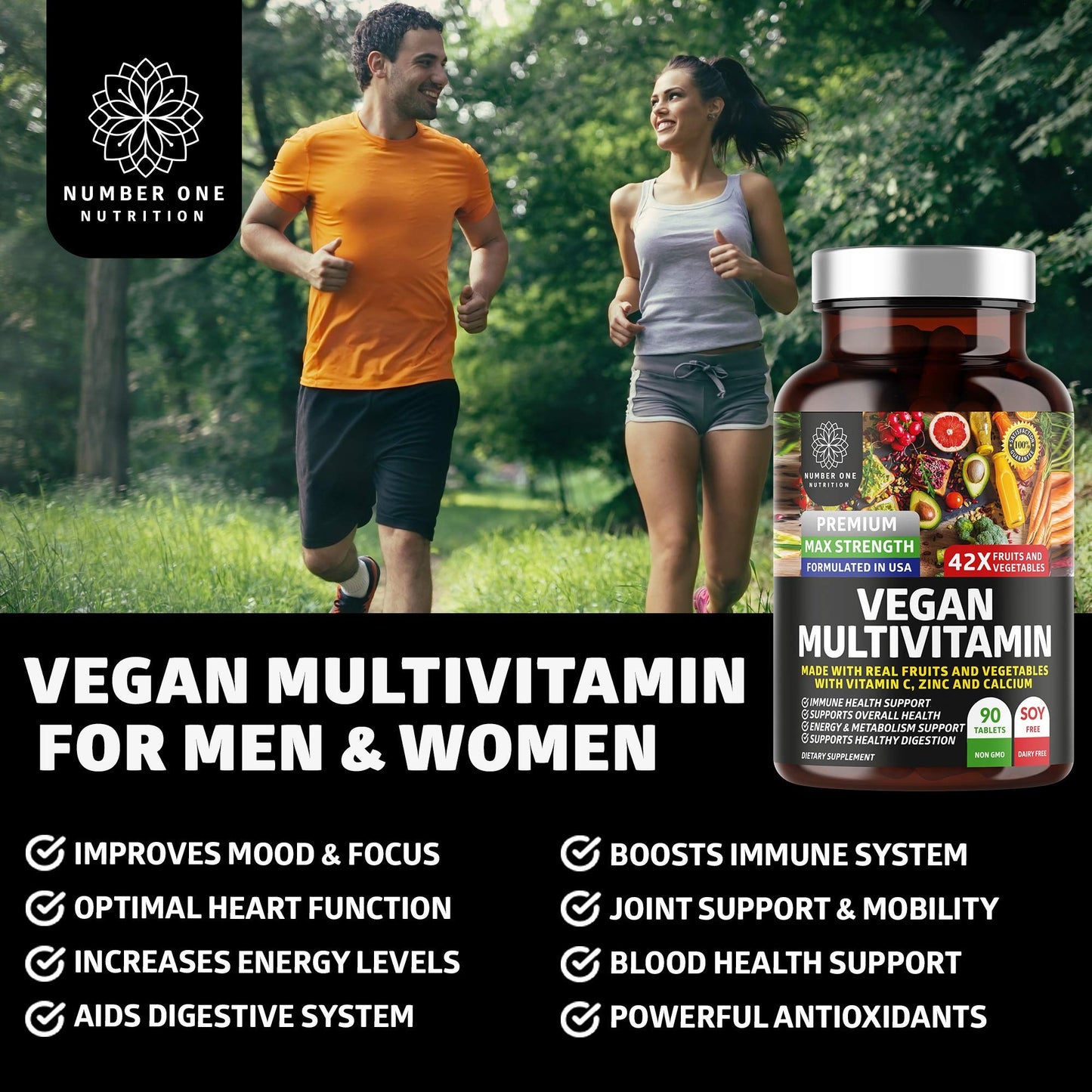 Number One Nutrition N1N Premium Plant Based Multivitamin [42 Powerful Ingredients] Men & Women Daily Multivitamins with Raw Veggies and Fruits, Probiotics, Alfalfa, Echinacea, Spirulina and Digestive Enzymes, 90 Tablets