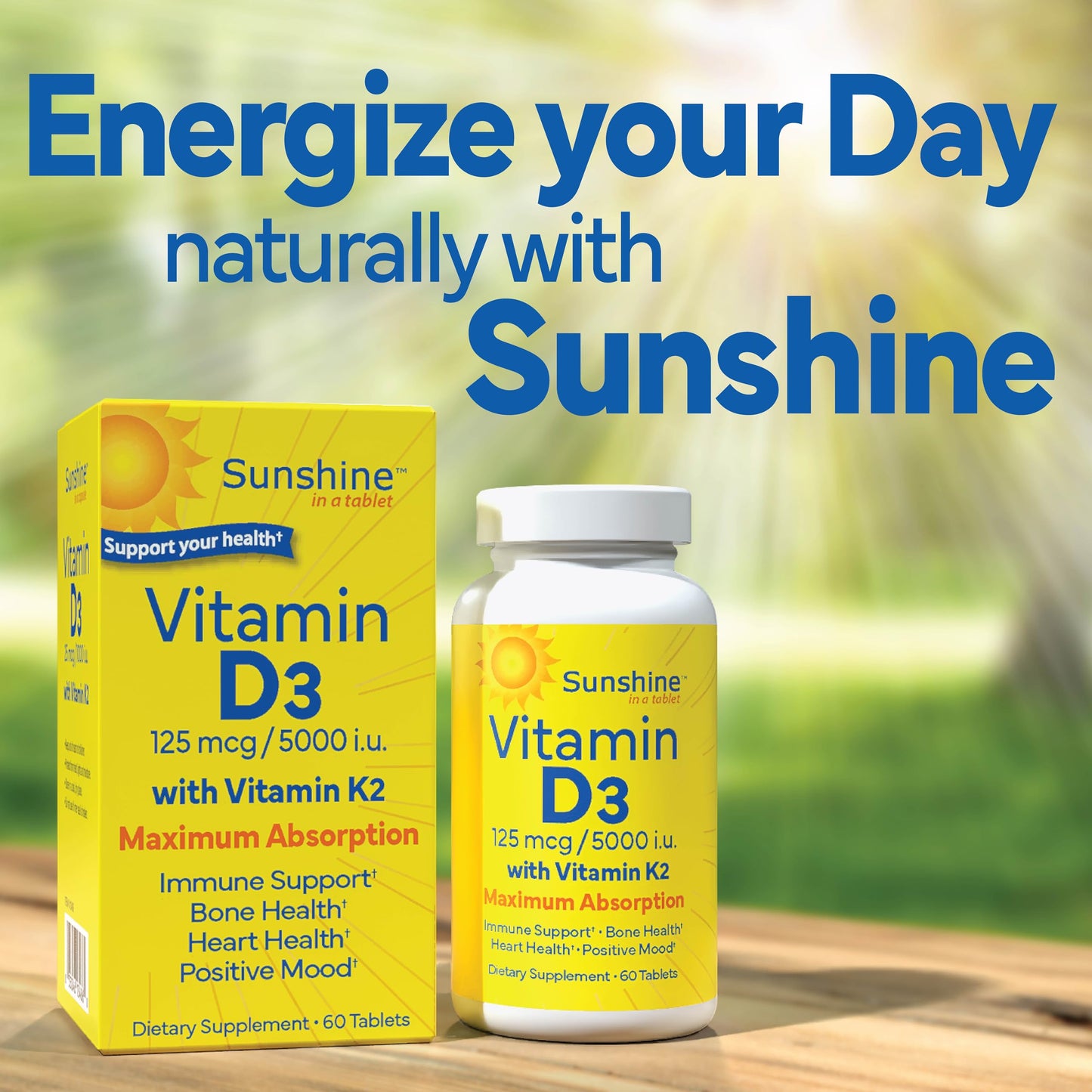 Sunshine Vitamin D3 with Vitamin K2, D3 5000 IU with K2 100 mcg for Healthy Muscle Function, Bone Health and Immune Support, 60 Tablets