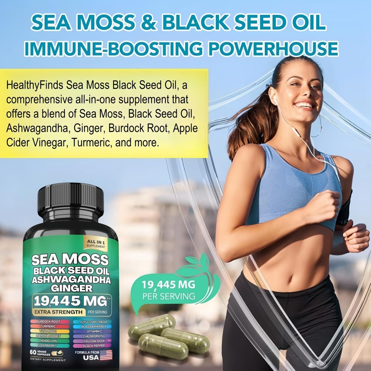 HealthyFinds Sea Moss Black Seed Oil Ashwagandha Ginger Capsules with Turmeric, Bladderwrack, Burdock, Vitamin C & D3, Elderberry, Manuka, Dandelion, Yellow Dock, Iodine, Chlorophyll, ACV, 60 Capsules