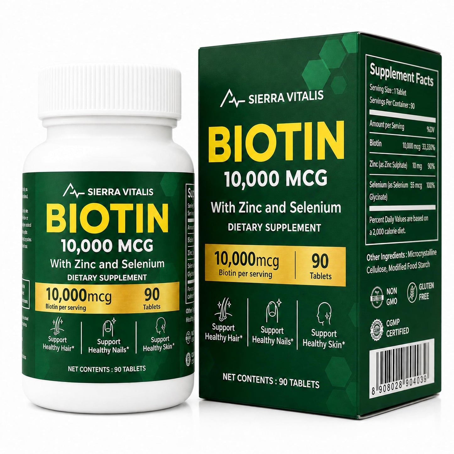 SIERRA VITALIS Biotin 10000mcg Hair Growth Tablets, Zinc + Selenium, 90 Count, Non-GMO, Gluten Free