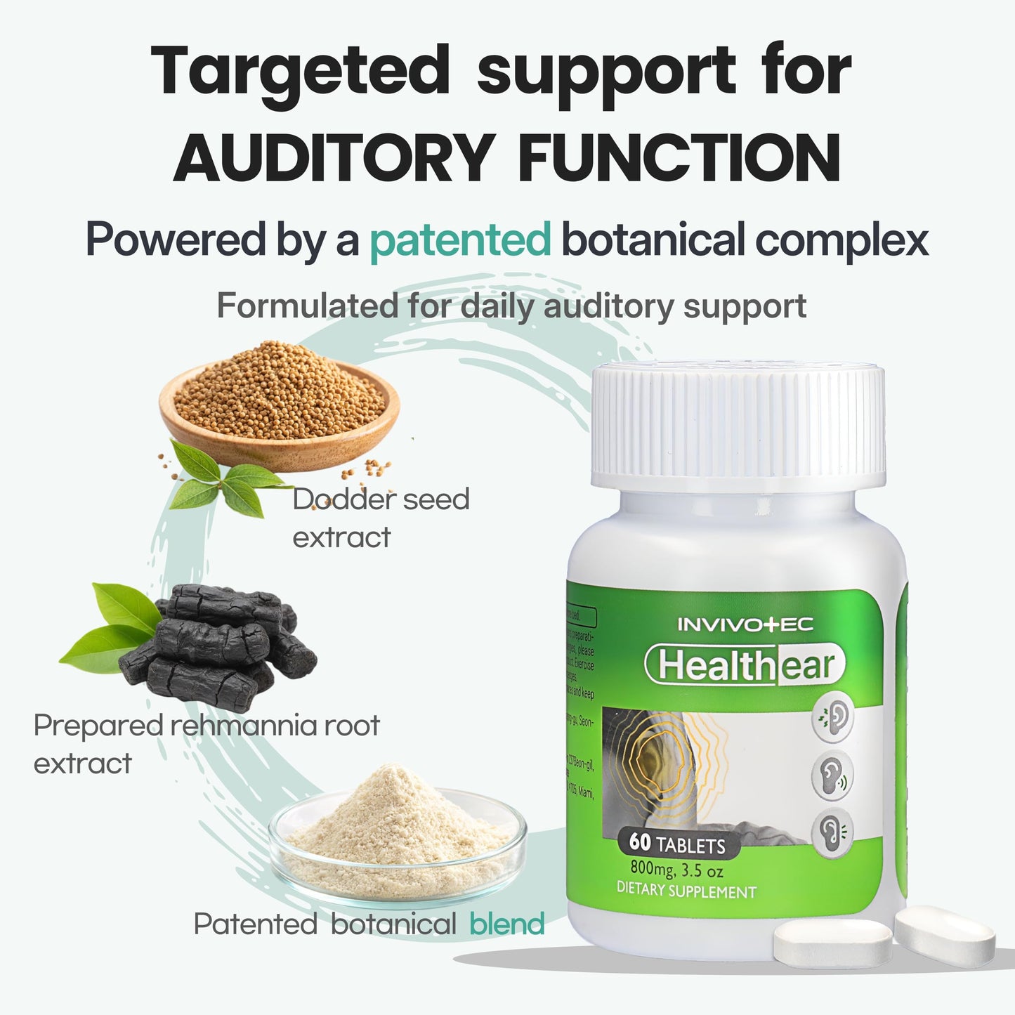 invivotec Hearing Support Supplement for Clarity & Ear Health with Magnesium, B6 & Patented Botanical Complex 60 Tablets