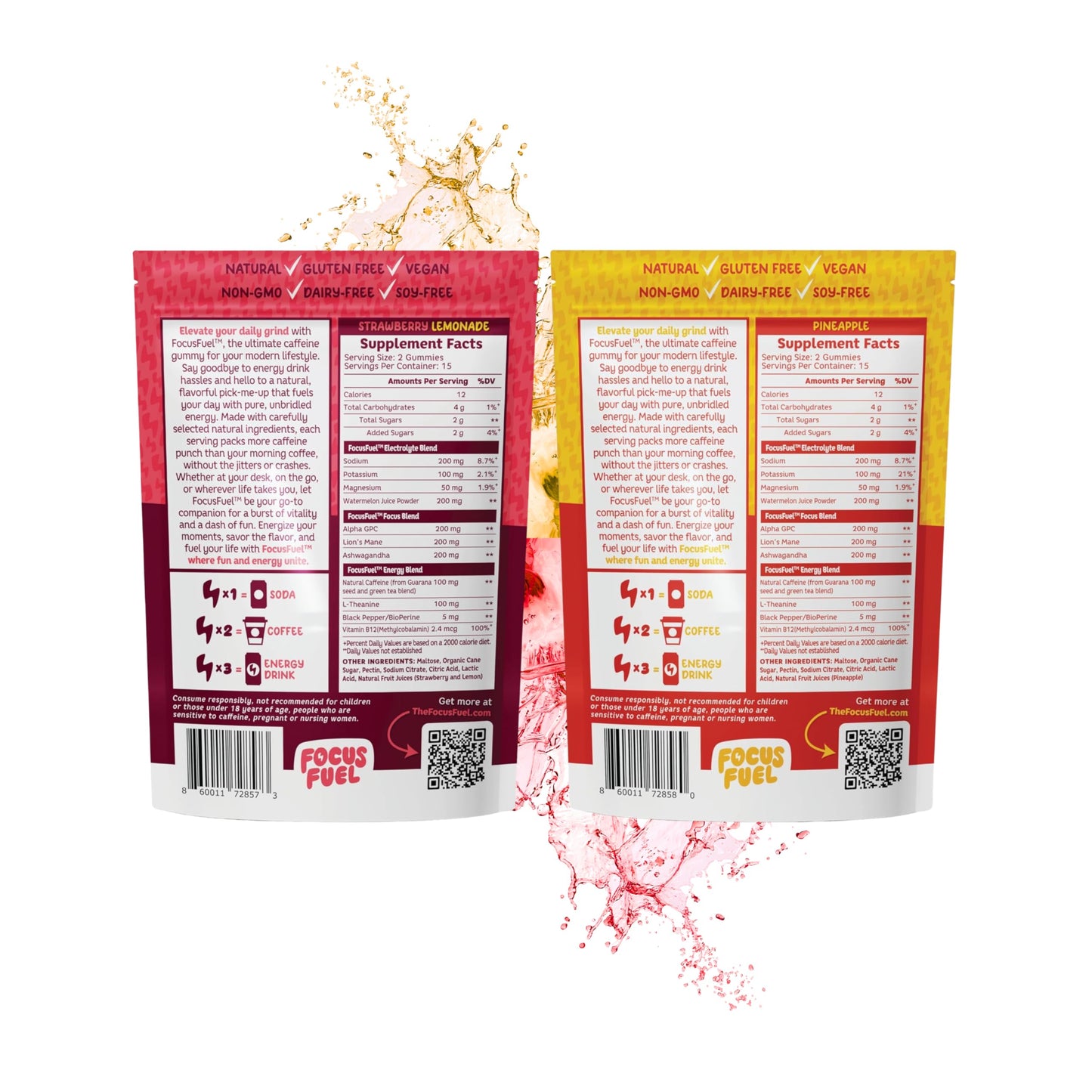 FocusFuel Energy Chews Variety Pack Pineapple & Strawberry Lemonade, 60 Chews