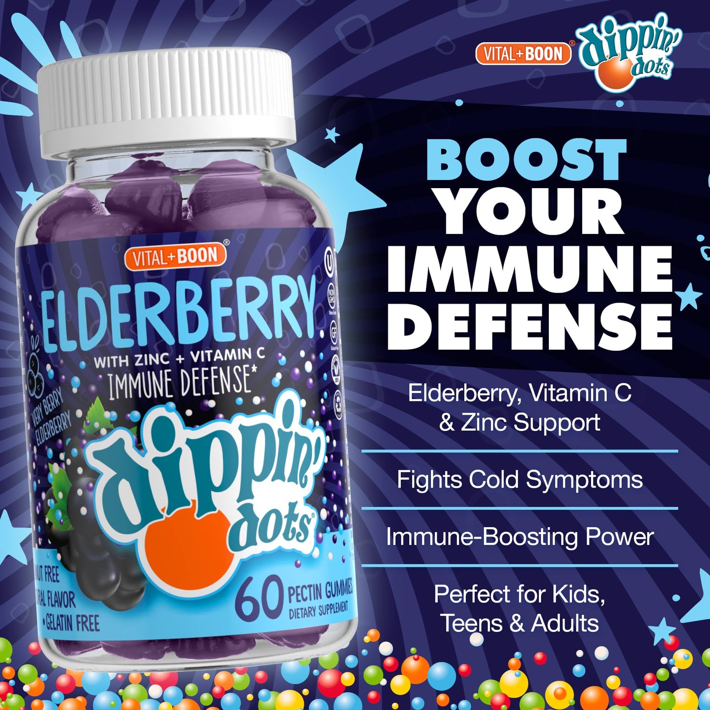 Vital+Boon Dippin' Dots Elderberry Gummies with Vitamin C and Zinc, 60 Count