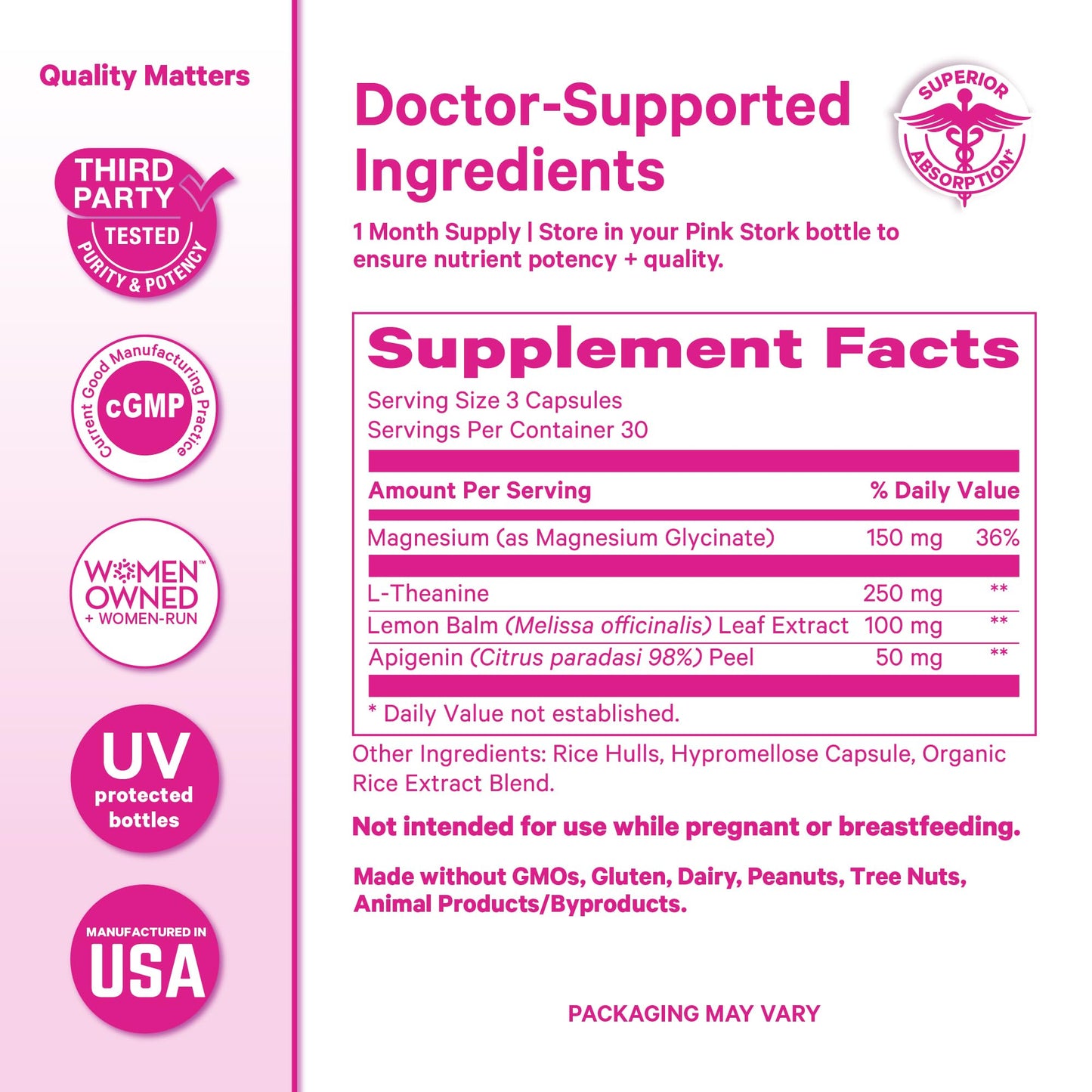 Pink Stork Magnesium Glycinate, L-Theanine, Lemon Balm Capsule, 90 Count