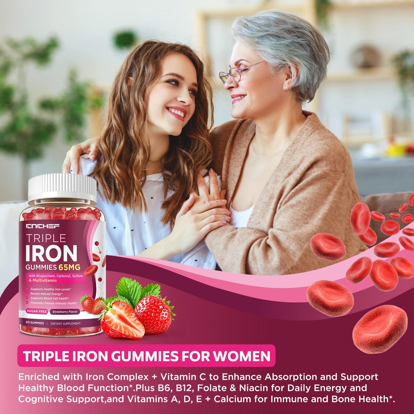 CNCHEF 65mg Iron Gummies with Multivitamin, Sugar-Free Strawberry Flavor, Iron Supplement for Adults, 120 Count