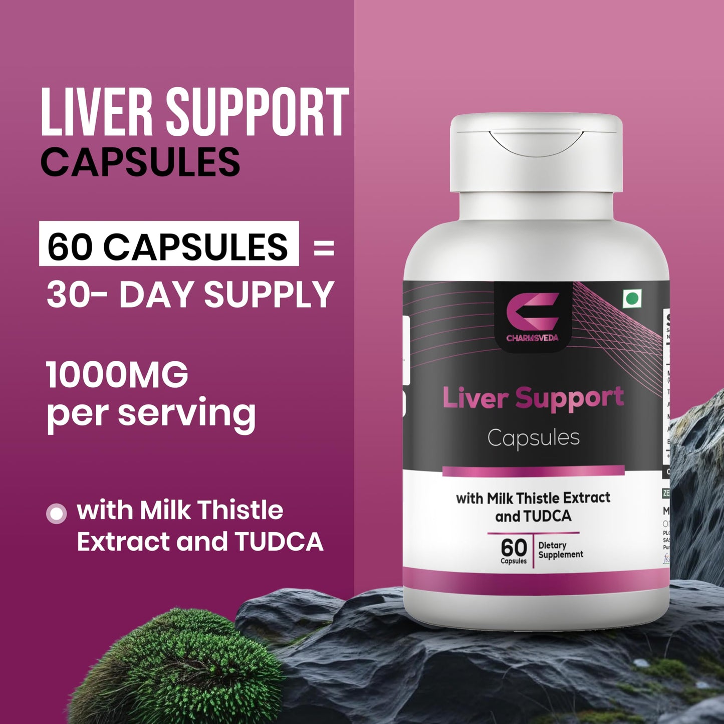 CHARMSVEDA Liver Support Herbal Capsules with Milk Thistle, TUDCA, Artichoke & NAC – Advanced Liver Health Support, Overall Wellness & Immune Support*, 60 Capsules