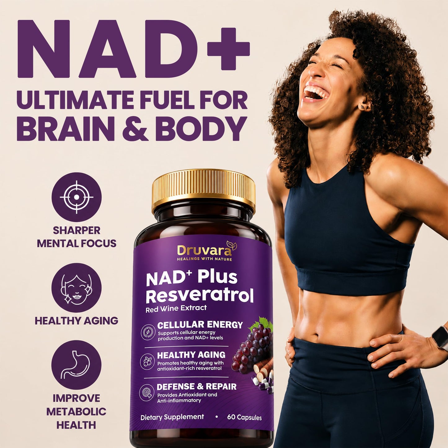 Druvara NAD Resveratrol Supplement Capsules with Red Wine Extract, 60 Count