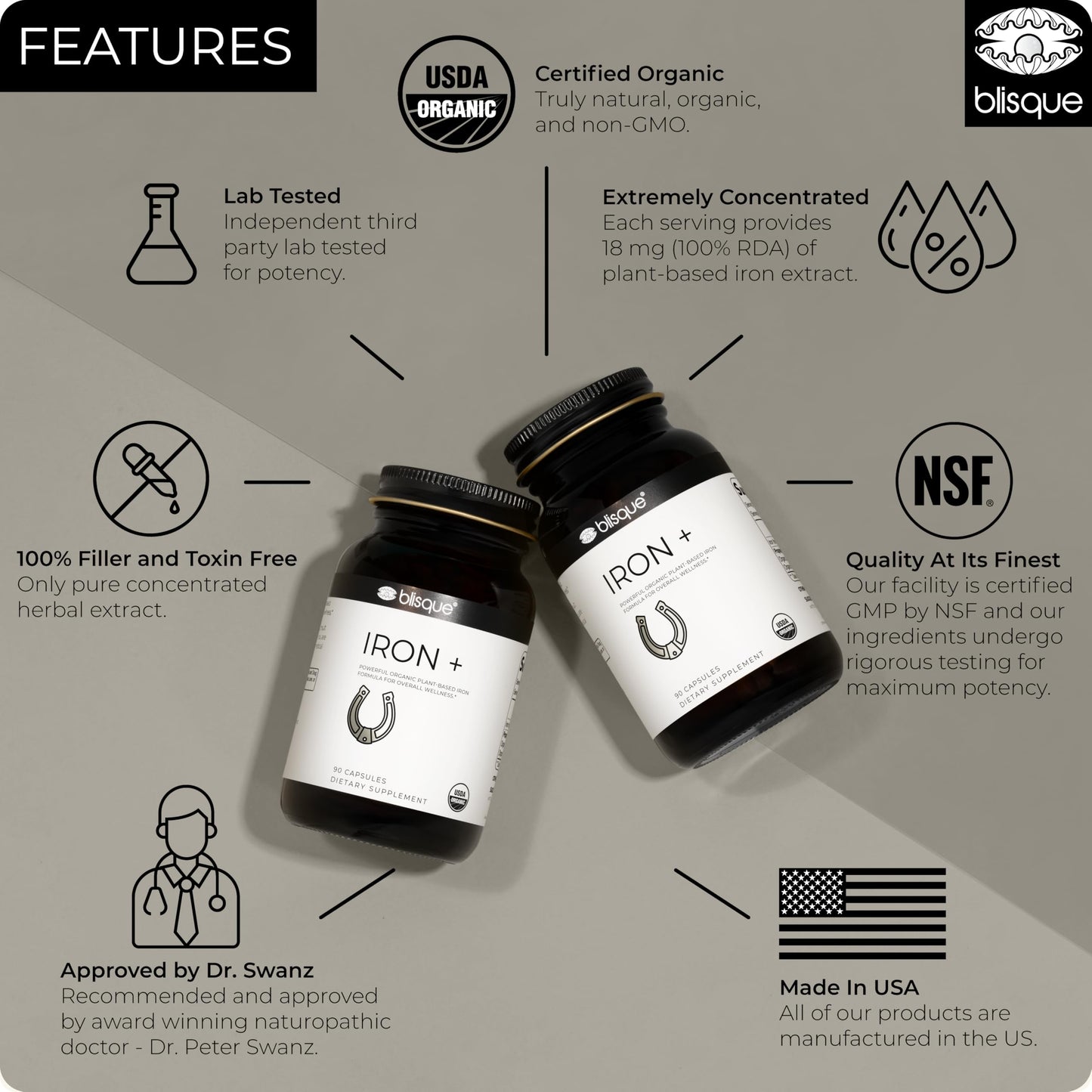 Blisque Organic Plant-Based Iron Formula for Blood Health, Immune Support, and Energy, 90 Capsules