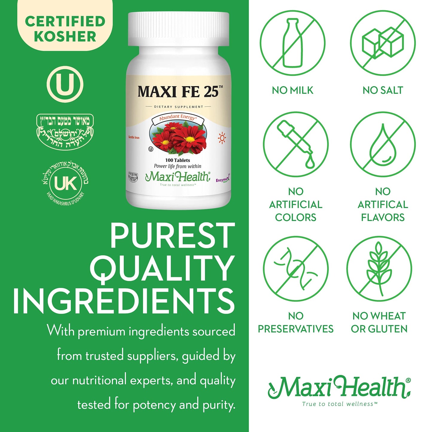 Maxi Health Gentle Iron 25 mg Iron Supplement for Women & Men Tablets, 1 Count