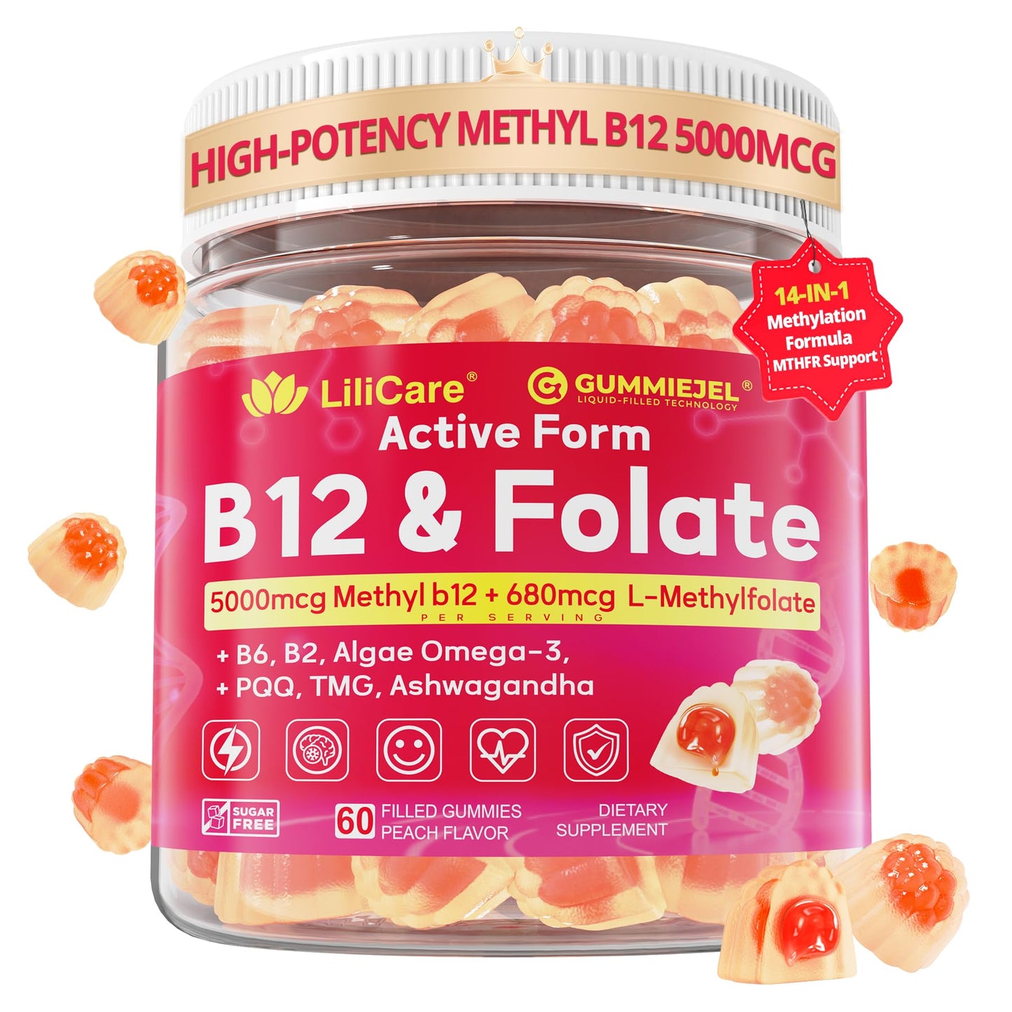 LILICARE Methyl B12 5000mcg & L-Methylfolate Gummies, 60 Count