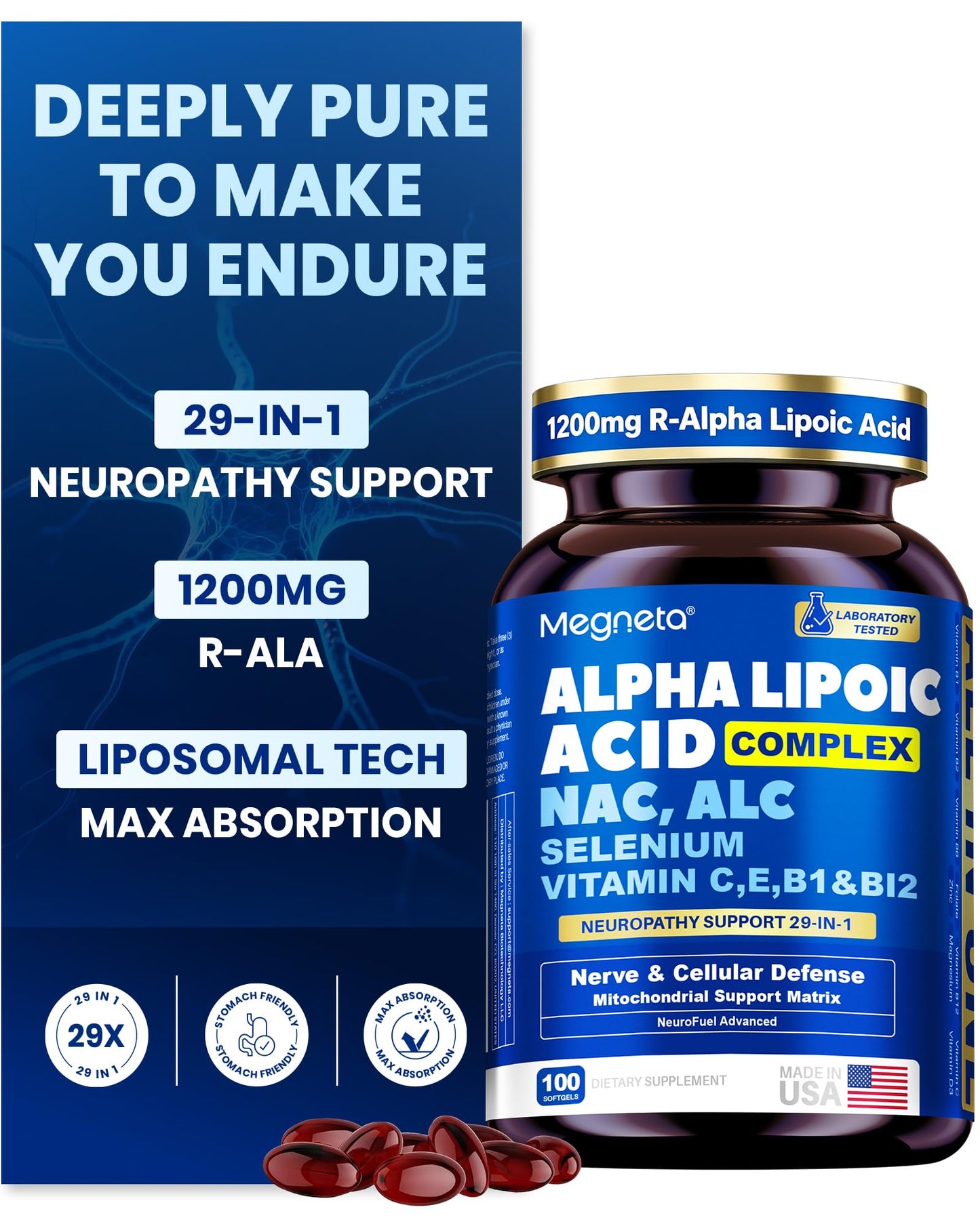 MEGNETA Liposomal R-Alpha Lipoic Acid 1200mg with Benfotiamine & Active B Complex Softgels 100