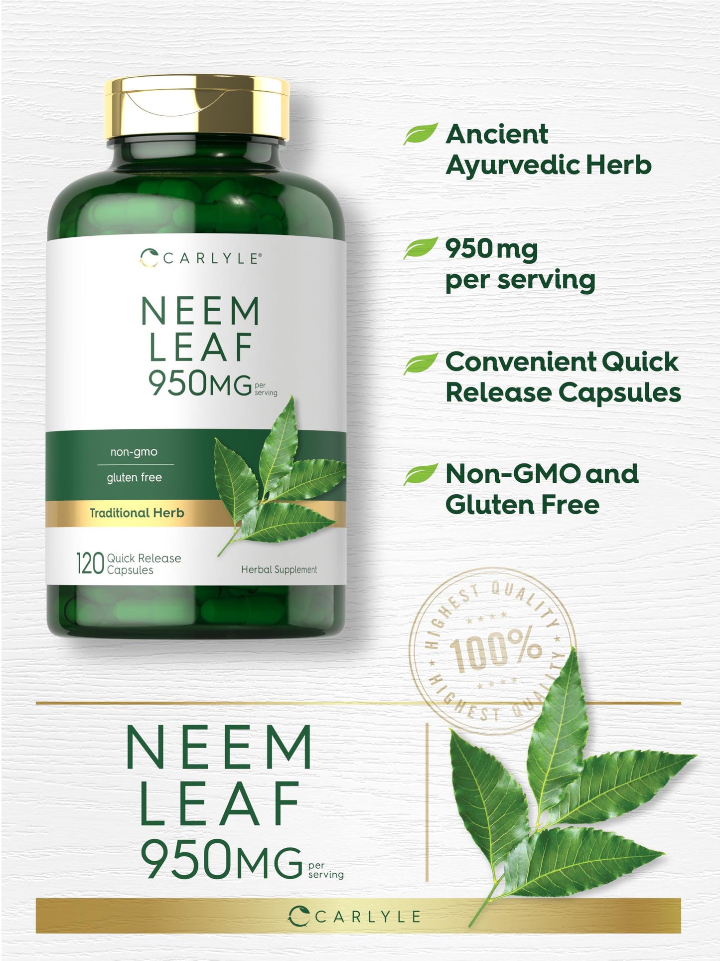 Carlyle Neem Leaf 950mg Capsules, 120 Count