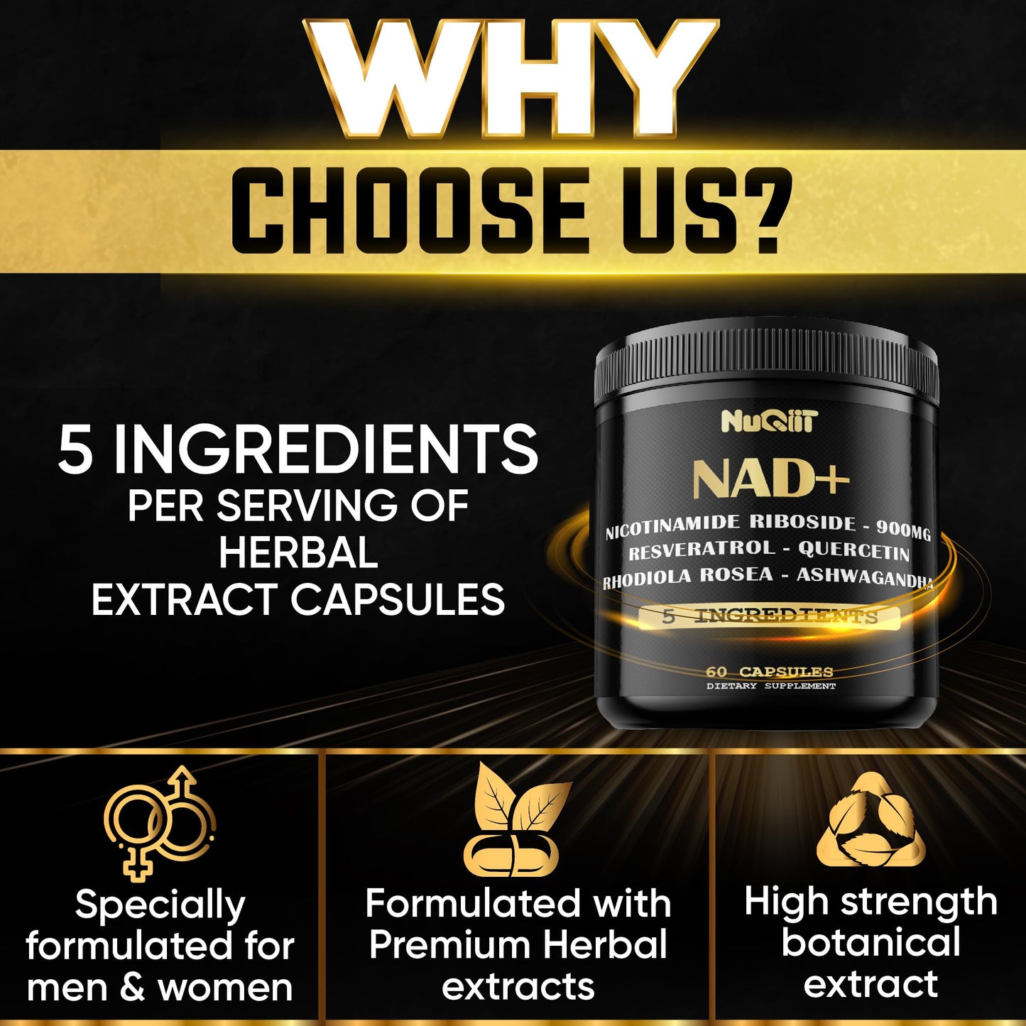 NUQIIT NAD+ Supplement with Nicotinamide Riboside, Resveratrol, Quercetin, Turmeric, Rhodiola Rosea Capsule 60 Count
