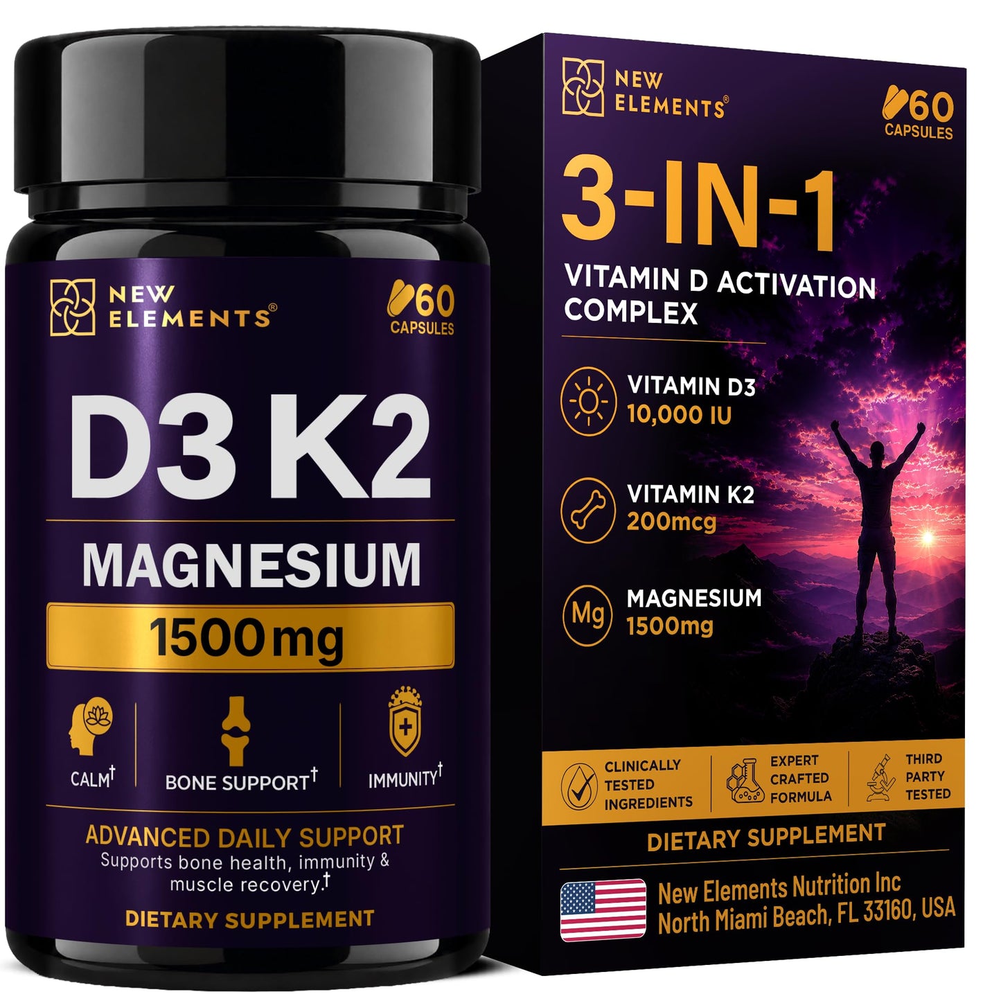 New Elements Magnesium Glycinate 1500mg with Vitamin D3 K2 10,000 IU, 60 Vegan Capsules