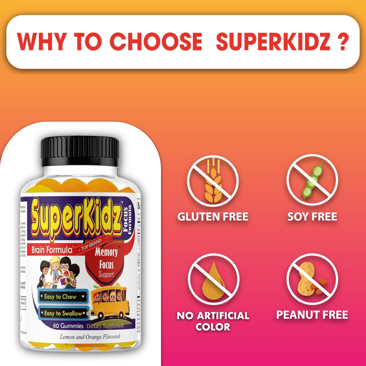 Celebrity LifeStyle Product Superkids Kids Focus Gummies with Omega-3 DHA, Brain Support for Kids & Teens, 60 Count