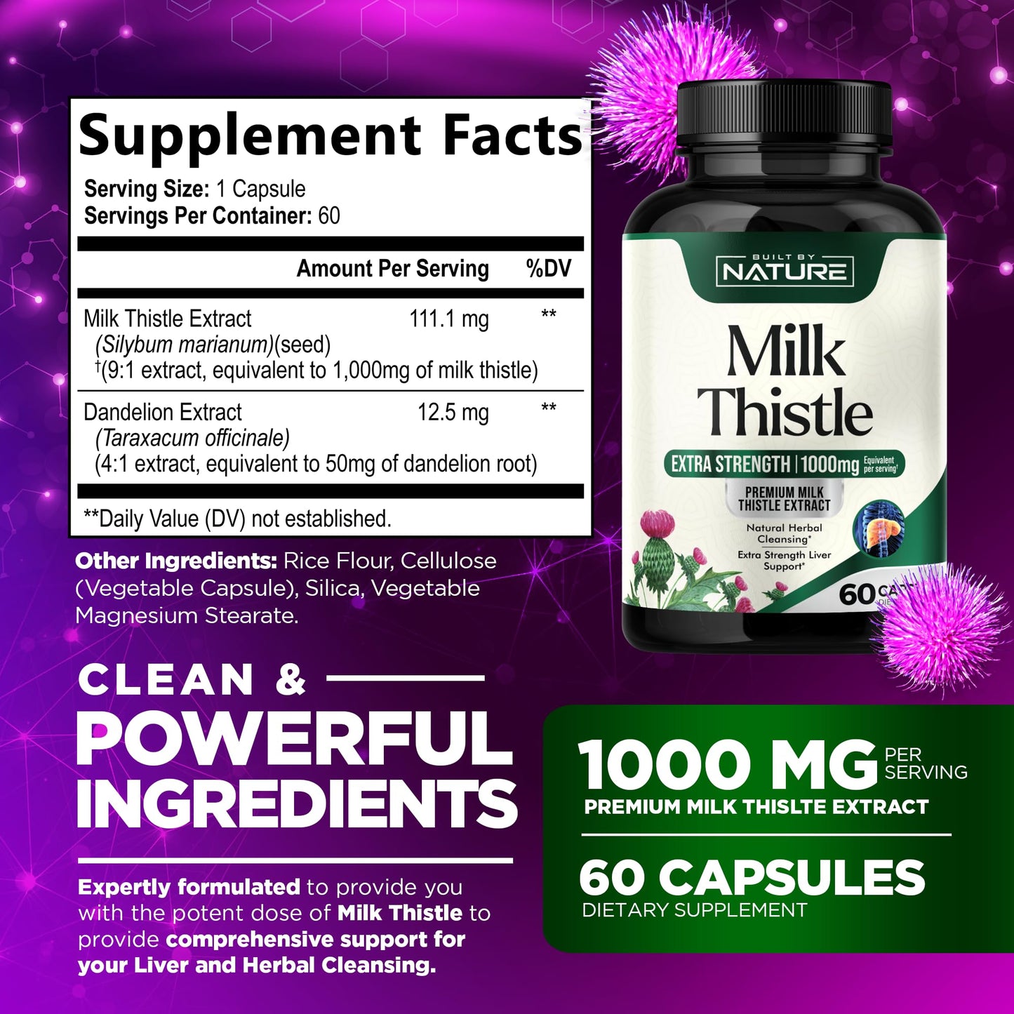 Built by Nature Milk Thistle Liver Detox Supplement with Silymarin Extract & Dandelion Root Capsules, 60 Count